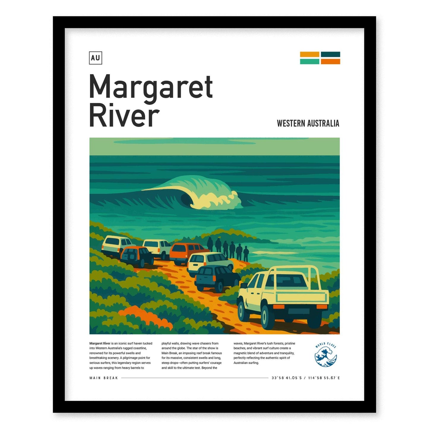 Margaret River Surf Spot Framed Poster Western Australia Big Wave Modern Wall Art Surfer Travel Print Minimalist Design Surfing Decor Gift - Swell Scenes