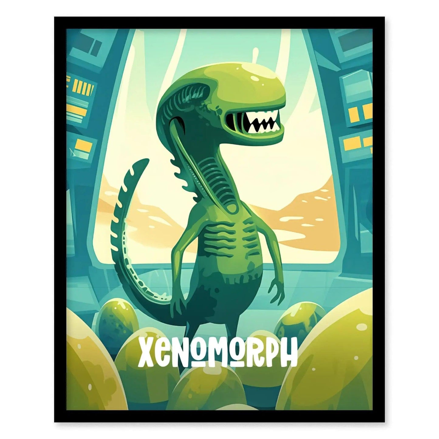 Cute Xenomorph poster featuring friendly cartoon alien with glowing eggs in playful kids room wall art