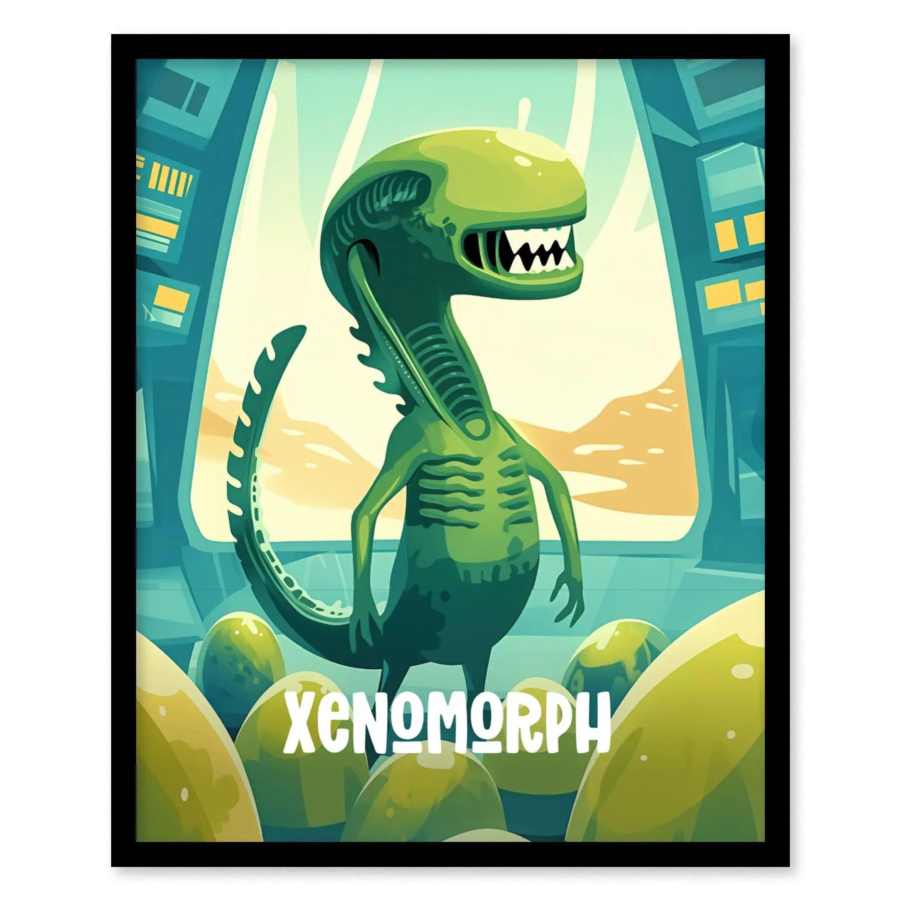 Cute Xenomorph poster featuring friendly cartoon alien with glowing eggs in playful kids room wall art