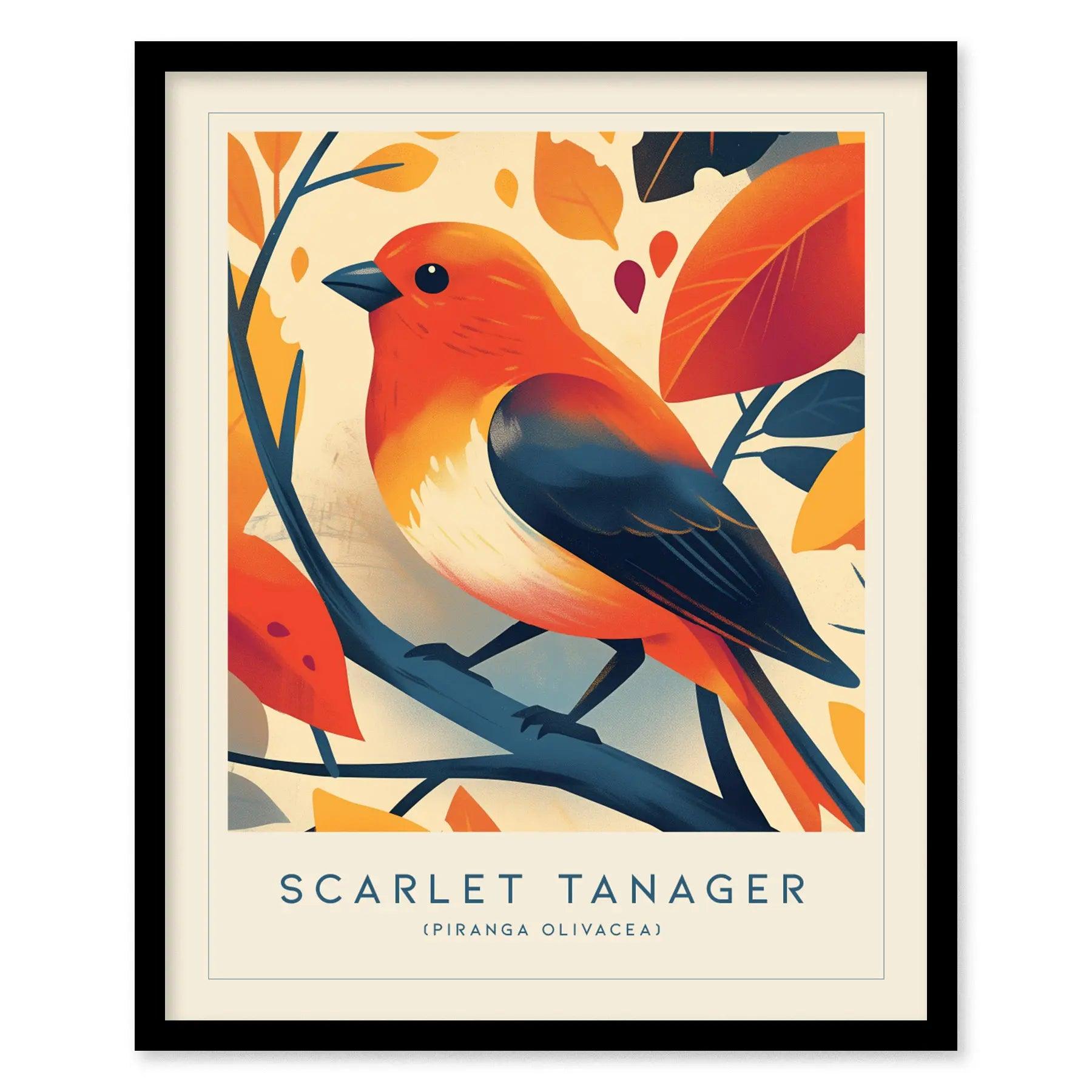 Scarlet Tanager Bird Modern Framed Wall Art | Cottagecore Wildlife Songbird Poster | Audubon Farm House Home Decor Nature Print - Swell Scenes