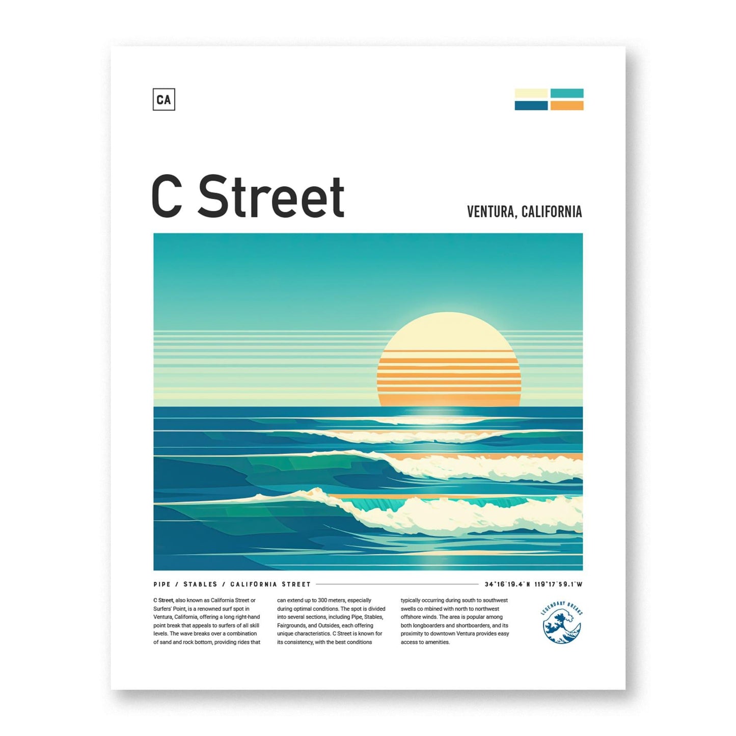 C Street Ventura California Surf Spot Framed Poster | CA Beach Surfing Wave Wall Art | Minimal Design Surfer Travel Print - Swell Scenes