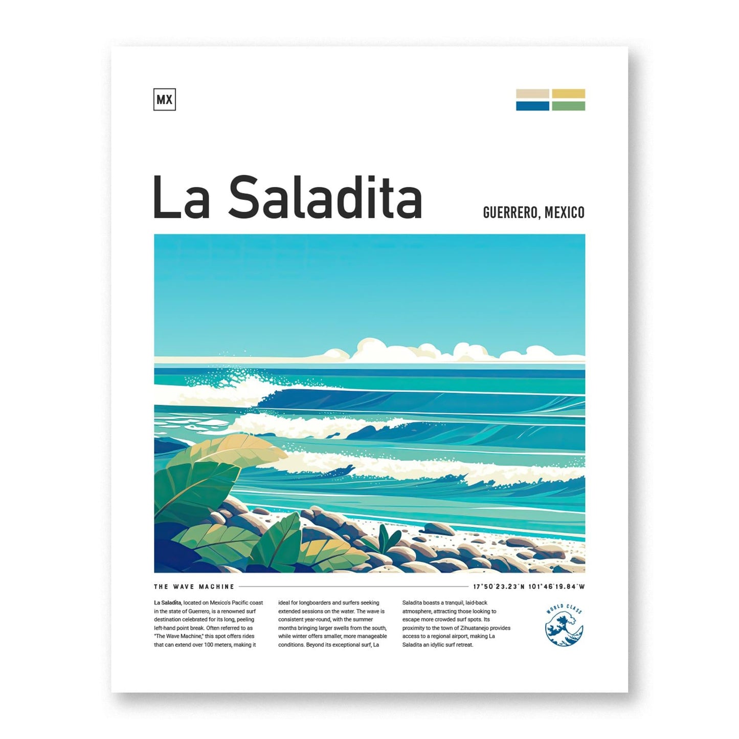 La Saladita Mexico Surf Spot Framed Poster | Guerrero Longboard Surfing Wave Wall Art | Mexi Log Fest Travel Print | Minimalist Style Design Surfer Gift - Swell Scenes