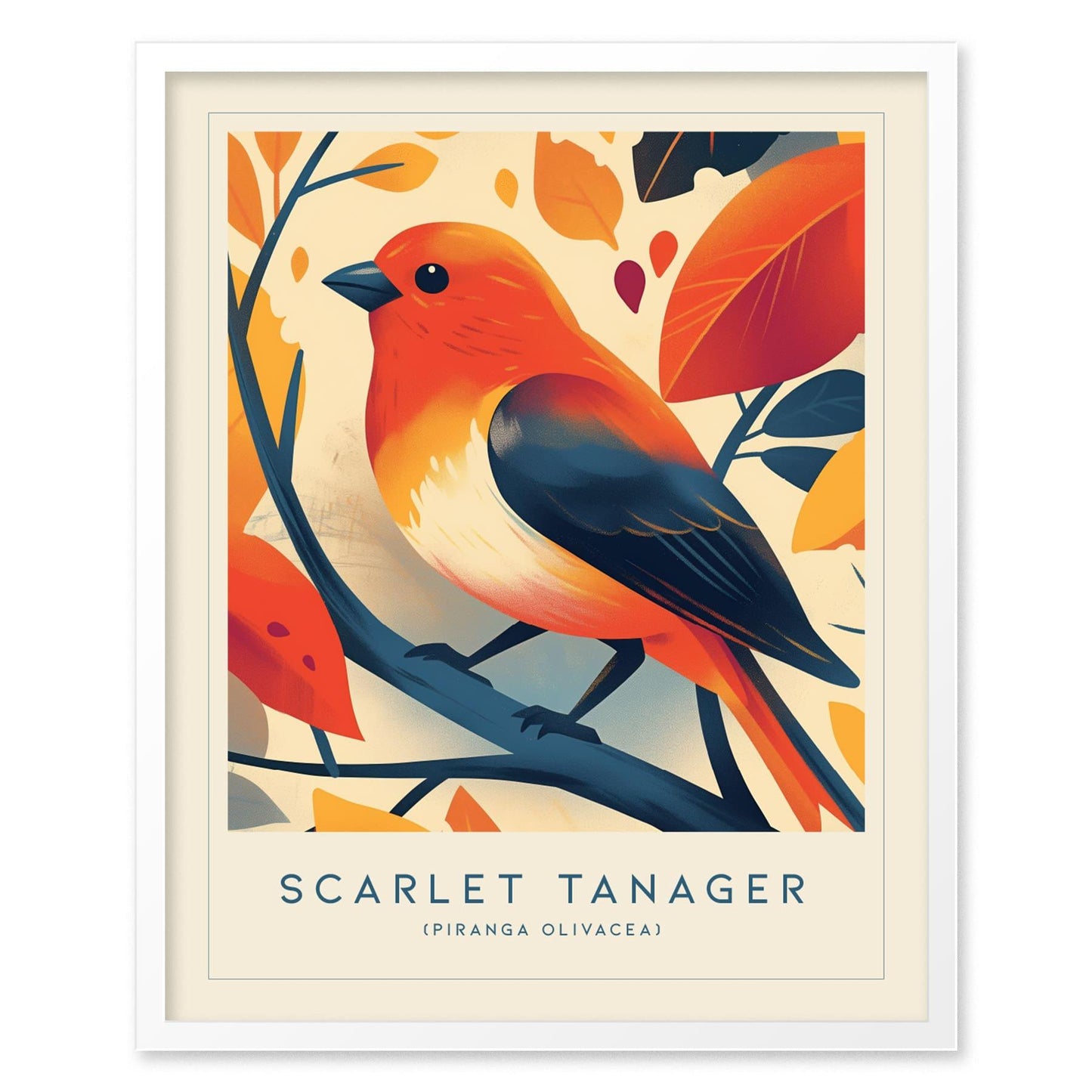 Scarlet Tanager Bird Modern Framed Wall Art | Cottagecore Wildlife Songbird Poster | Audubon Farm House Home Decor Nature Print - Swell Scenes