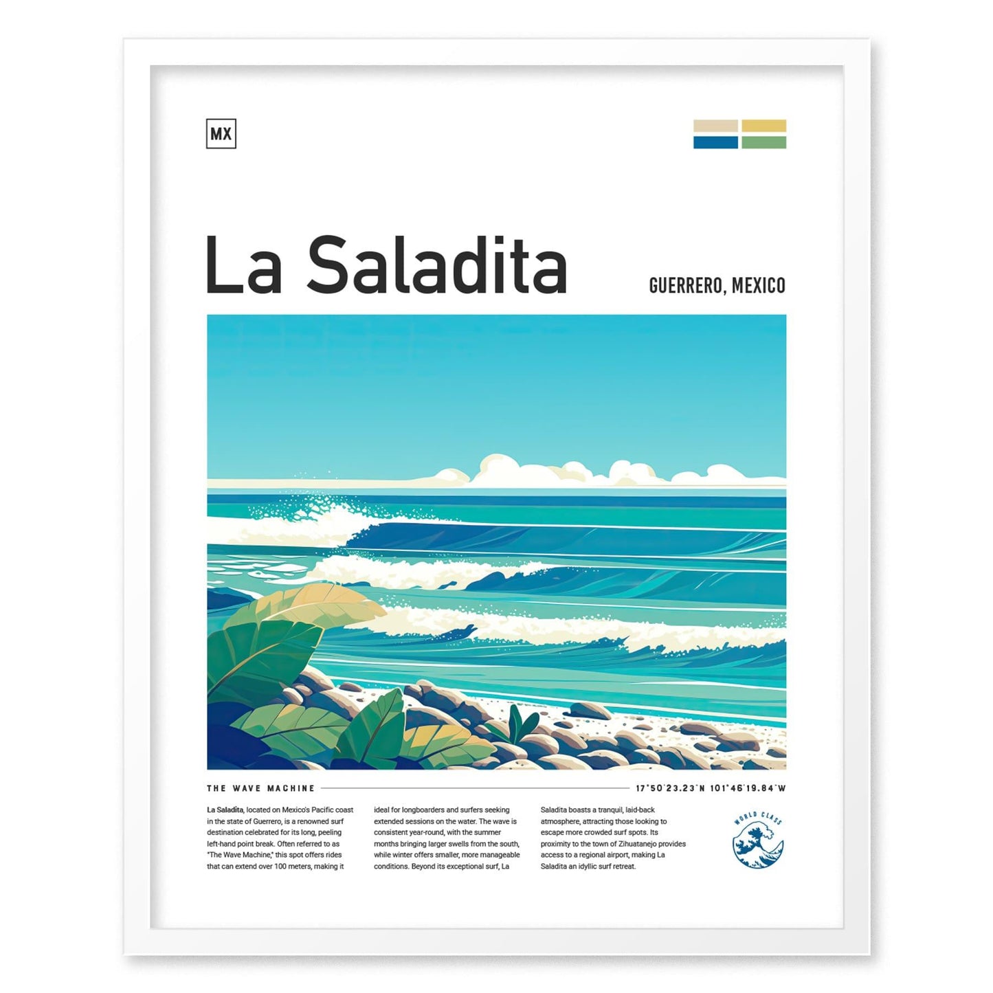 La Saladita Mexico Surf Spot Framed Poster | Guerrero Longboard Surfing Wave Wall Art | Mexi Log Fest Travel Print | Minimalist Style Design Surfer Gift - Swell Scenes