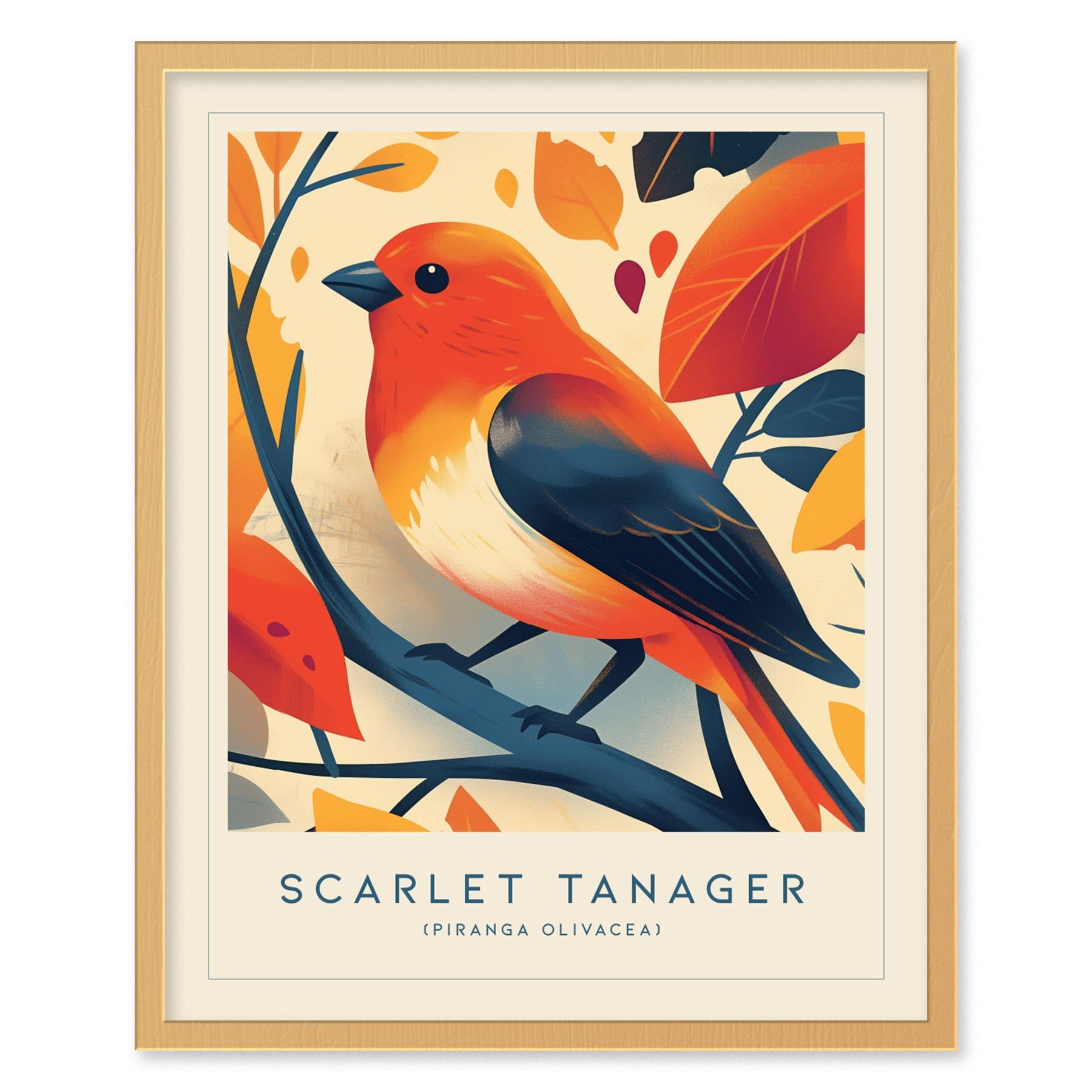 Scarlet Tanager Bird Modern Framed Wall Art | Cottagecore Wildlife Songbird Poster | Audubon Farm House Home Decor Nature Print - Swell Scenes