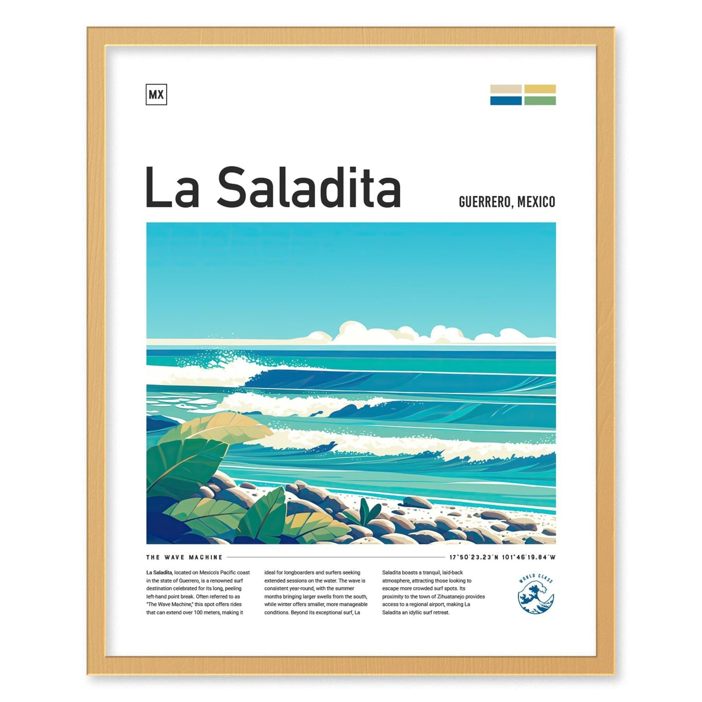 La Saladita Mexico Surf Spot Framed Poster | Guerrero Longboard Surfing Wave Wall Art | Mexi Log Fest Travel Print | Minimalist Style Design Surfer Gift - Swell Scenes