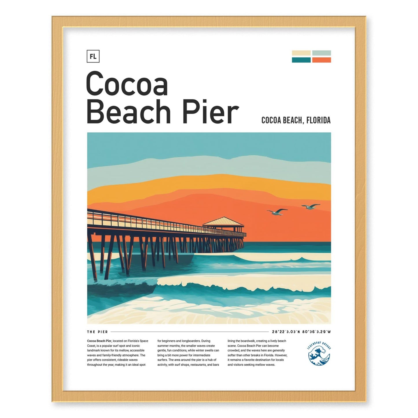Cocoa Beach Pier Florida Surf Spot Framed Poster | Ron Jon Wave FL Travel Print | Kelly Slater Surfing Beach House Decor | Minimalist Design Surfer Gift - Swell Scenes