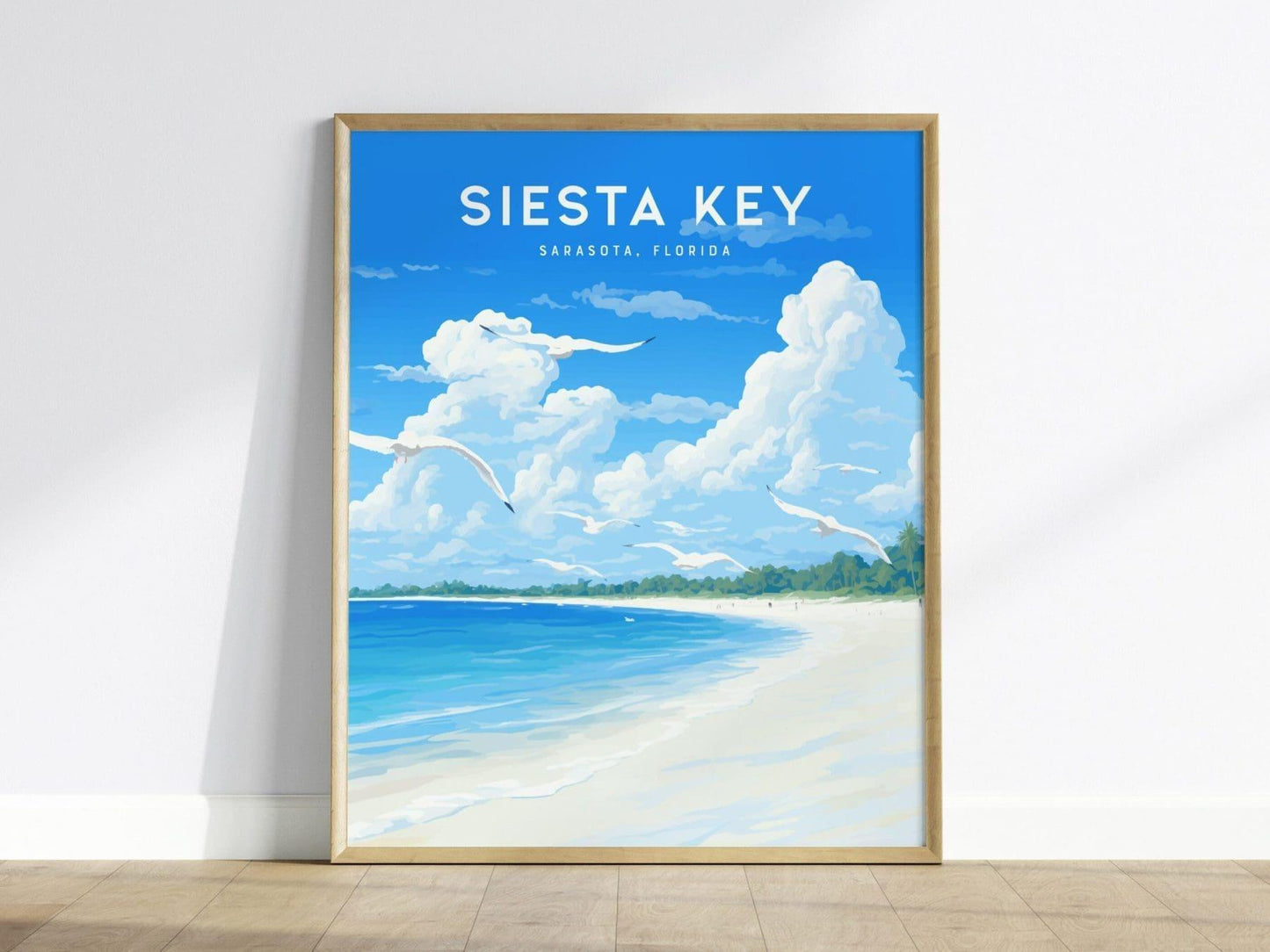 Siesta Key Beach, Sarasota, Florida - Wall Art Poster Design Travel Crescent Beach Seagulls Framed Print Island Life Gift Collection Set - Swell Scenes