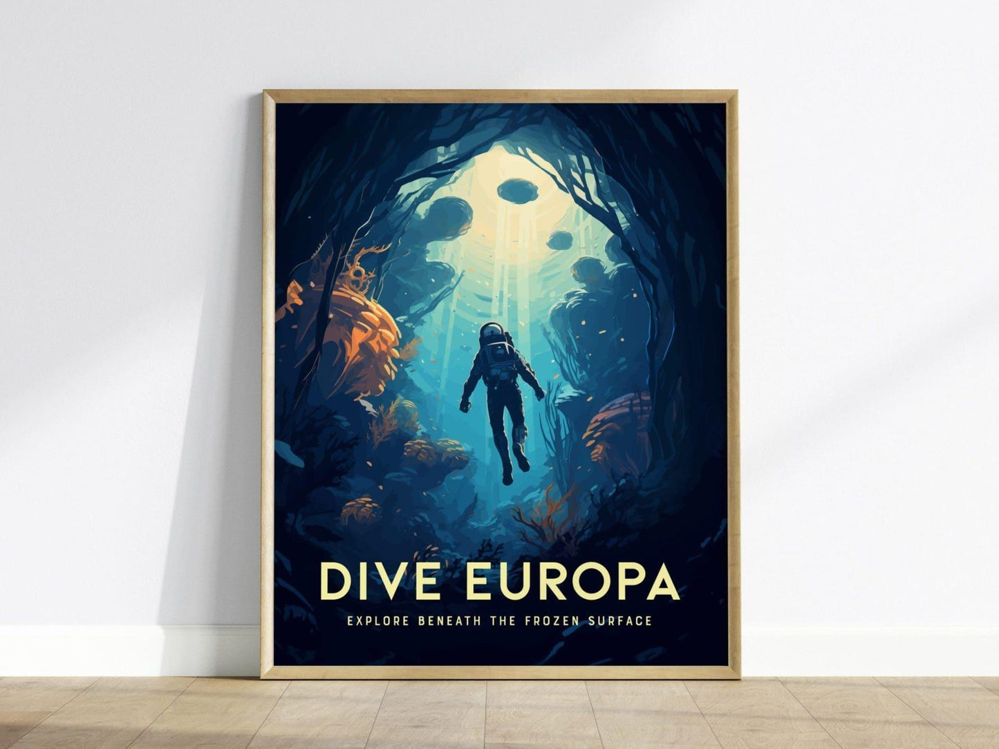 Dive Europa Framed Wall Art | Space Exploration Poster Design Jupiter Diving Unframed Print Diver Astronomy Kids Sci-Fi Home Decor Gift Idea - Swell Scenes