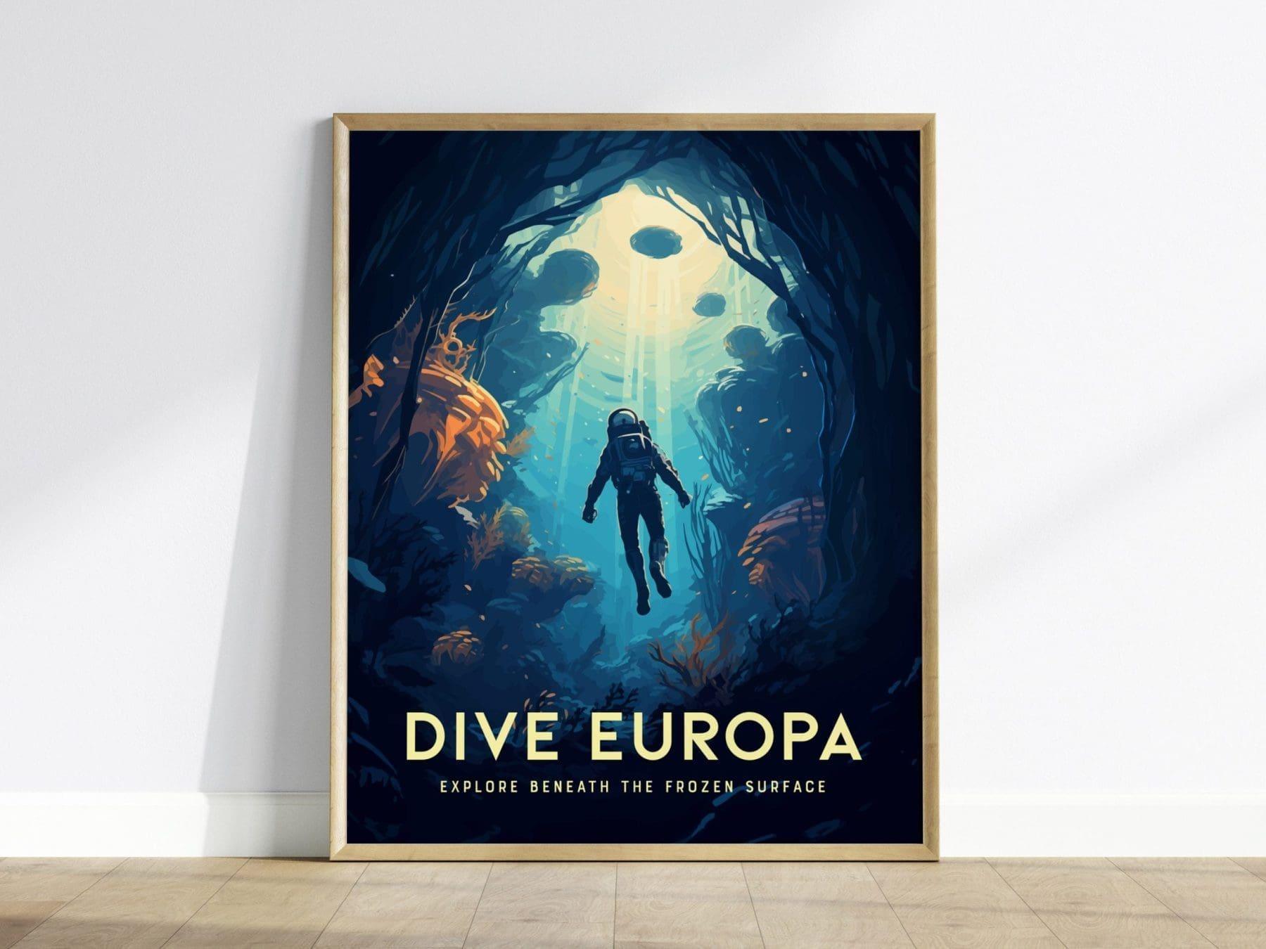Dive Europa Framed Wall Art | Space Exploration Poster Design Jupiter Diving Unframed Print Diver Astronomy Kids Sci-Fi Home Decor Gift Idea - Swell Scenes