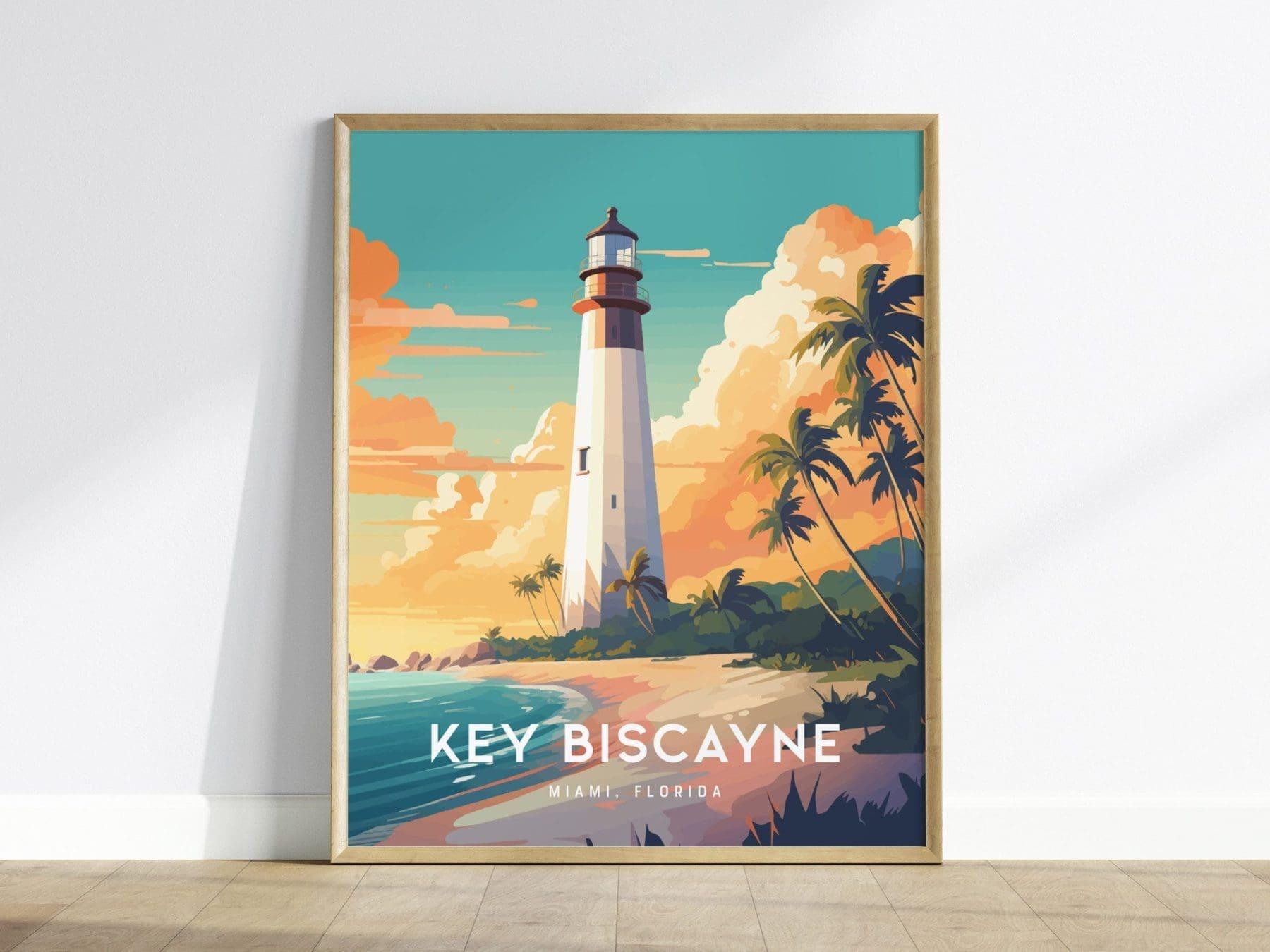 Key Biscayne Lighthouse, Miami, Florida Framed Wall Art - Bill Baggs Cape State Park Beach Tropical Poster Style Travel Island Print Gift - Swell Scenes