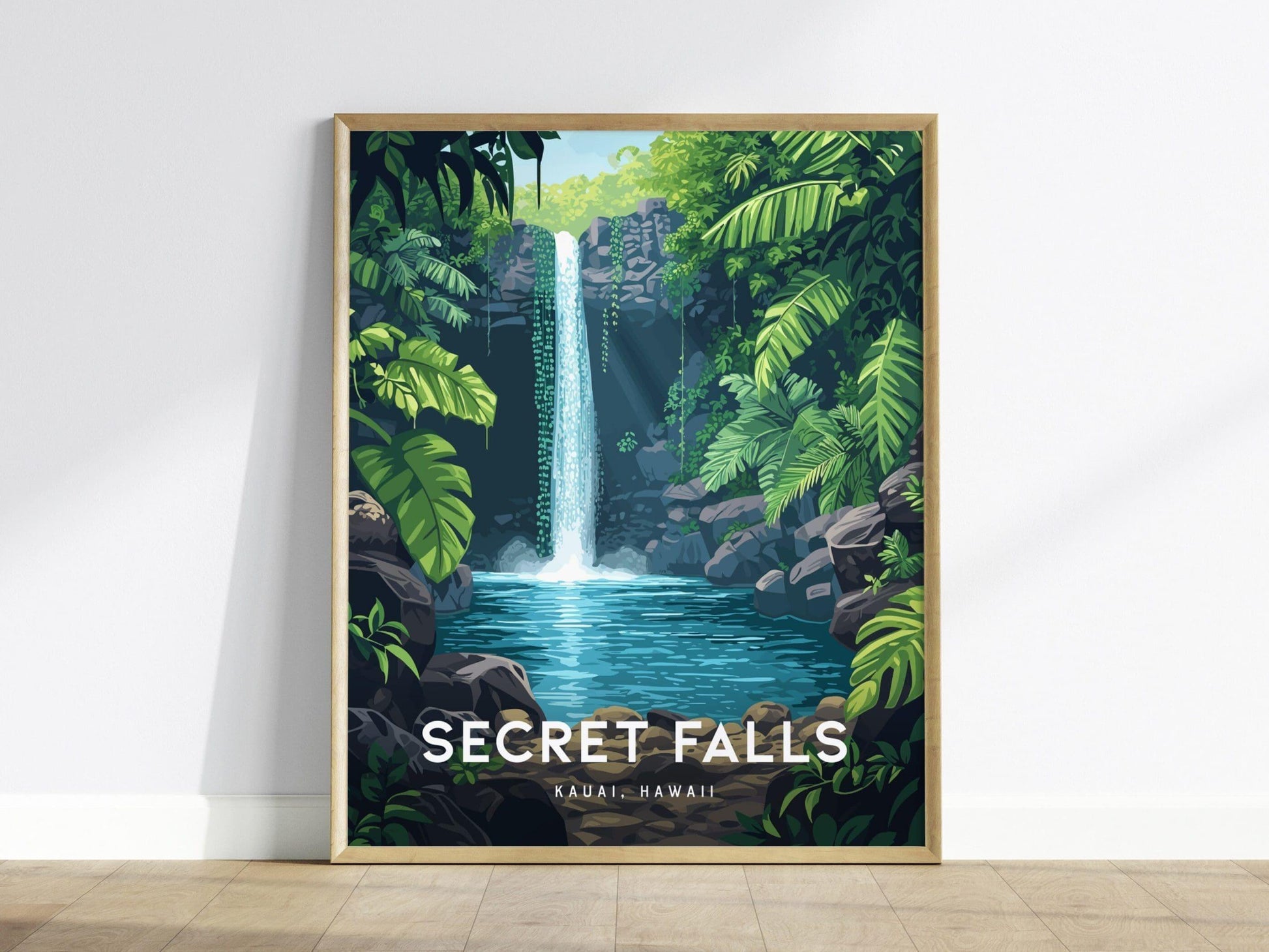 Secret Falls, Kauai, Hawaii | Uluwehi Waterfall | Island Framed Wall Art Poster Kayak Travel Artwork Hawaiian Lush Tropical Gift Hike Decor - Swell Scenes
