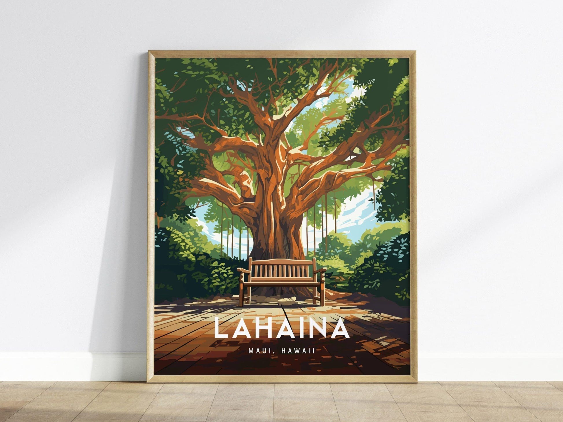 Lahaina, Maui, Hawaii - Historic Front Street Banyan Tree Framed Wall Art Poster Design Travel Artwork Island Hawaiian Memorial Gift Decor - Swell Scenes