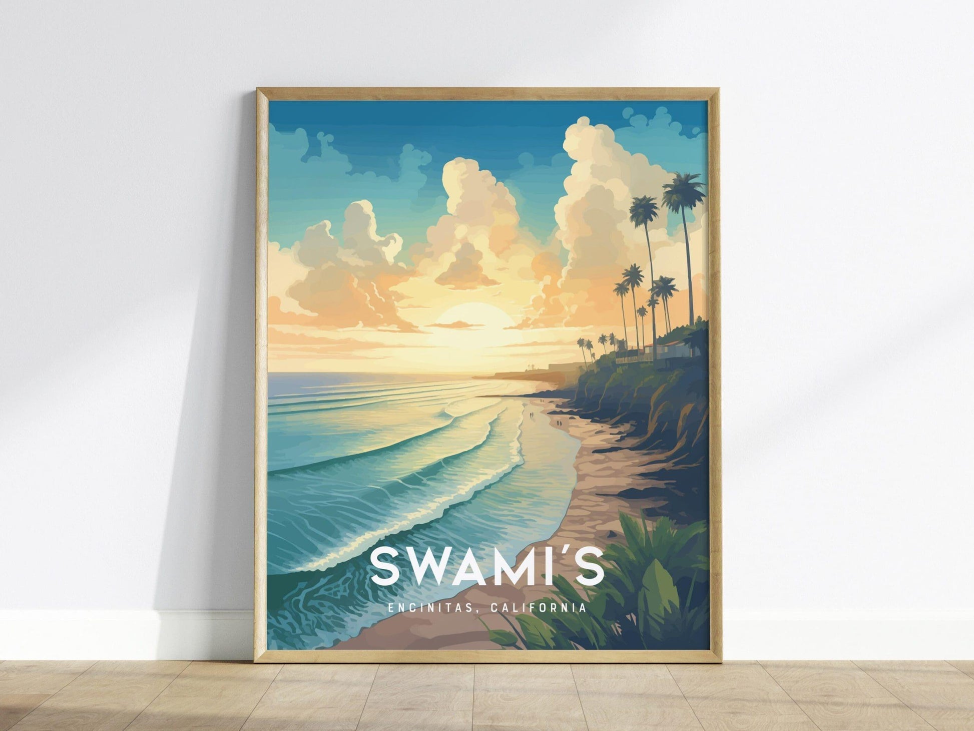 Swami's Encinitas poster in wood frame featuring legendary surf break sunset scene with glassy wave conditions