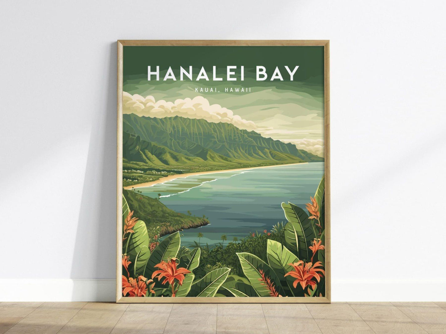 Hanalei Bay, Kauai, Hawaii - Princeville North Shore Framed Wall Art Poster Design Travel Artwork Hawaiian Island Beach Surf Gift Home Decor - Swell Scenes