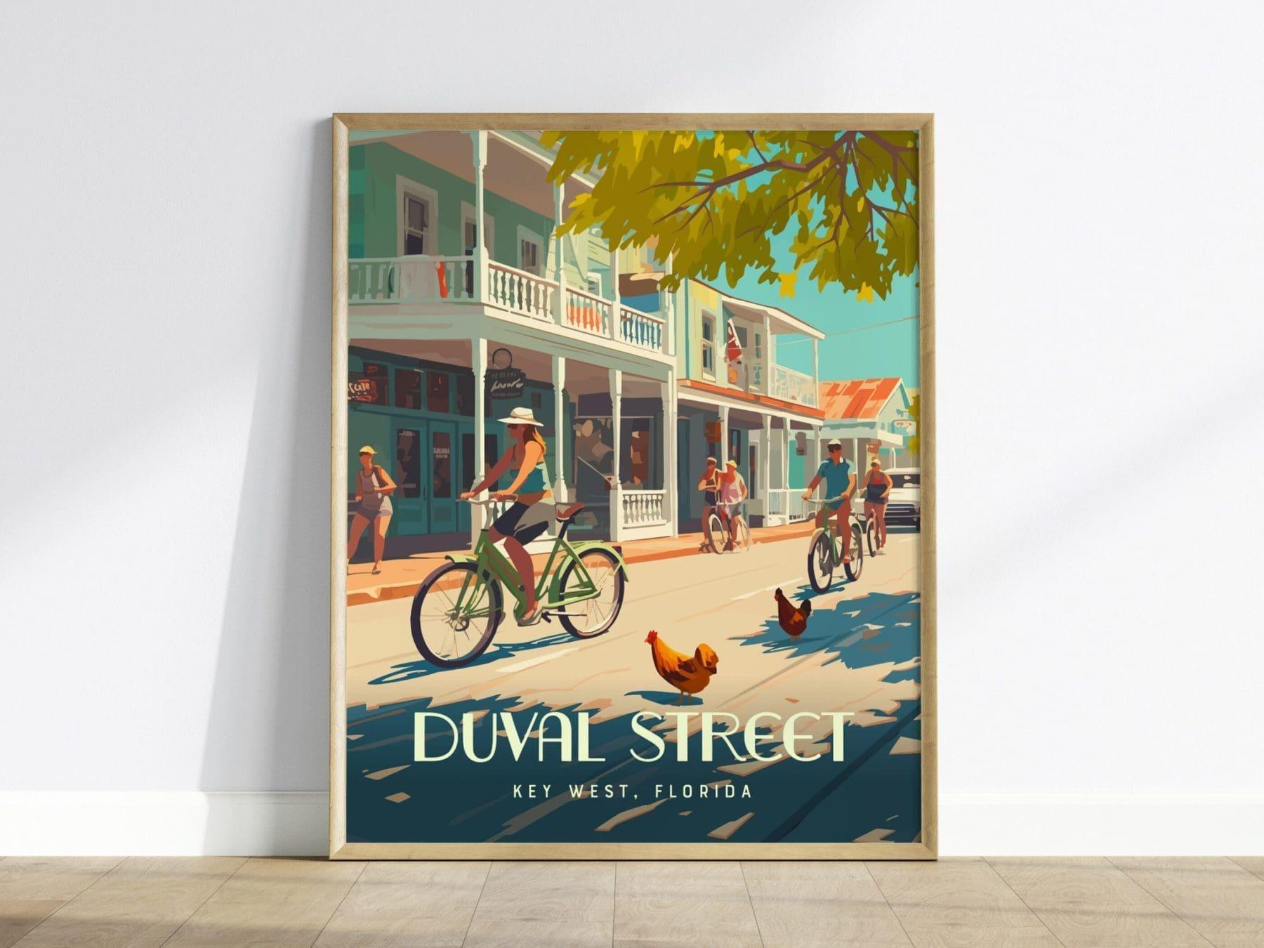 Duval Street, Key West, Florida Keys Framed Wall Art - Bikes Vacation Poster Design Travel Island Print Collection Home Beach Cottage Decor - Swell Scenes