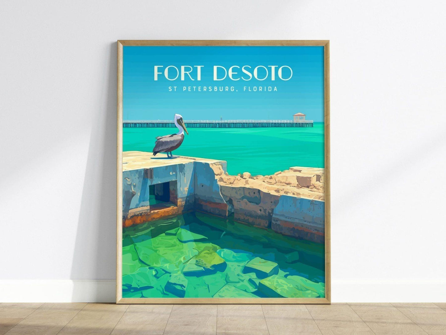 Fort Desoto State Park, St. Petersburg, Florida Framed Wall Art - St Pete Pelican Nature Poster Design Travel Print Beach House Decor Set - Swell Scenes