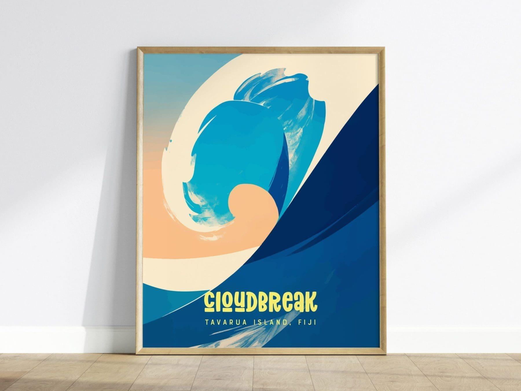 Cloudbreak Wave Travel Poster | Tavarua Island, Fiji, Wall Art Surfer Decor Surfing Gift Island Vacation Artwork Beach House Rental Staging - Swell Scenes