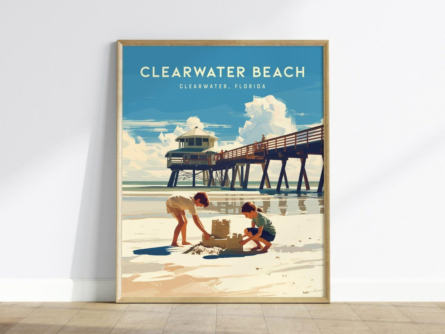 Clearwater Beach, Florida Framed Wall Art - Sandcastle Pier Vacation Poster Design Travel Island Print Collection Home Beach Cottage Decor - Swell Scenes