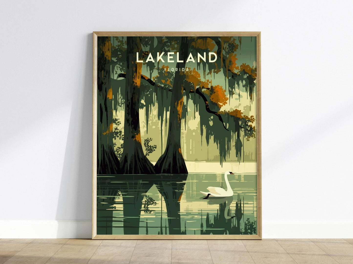 Lakeland, Florida Framed Wall Art - Lake Hollingsworth Mirror Swan Cypress Trees Poster Design Travel Print Collection Home Office Decor - Swell Scenes