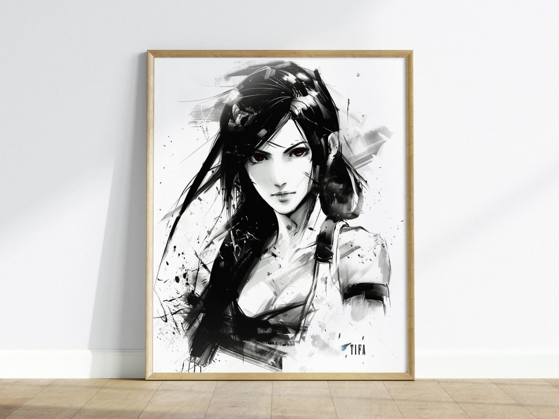 Tifa Lockhart poster in wood frame showing Final Fantasy VII martial artist character gaming art