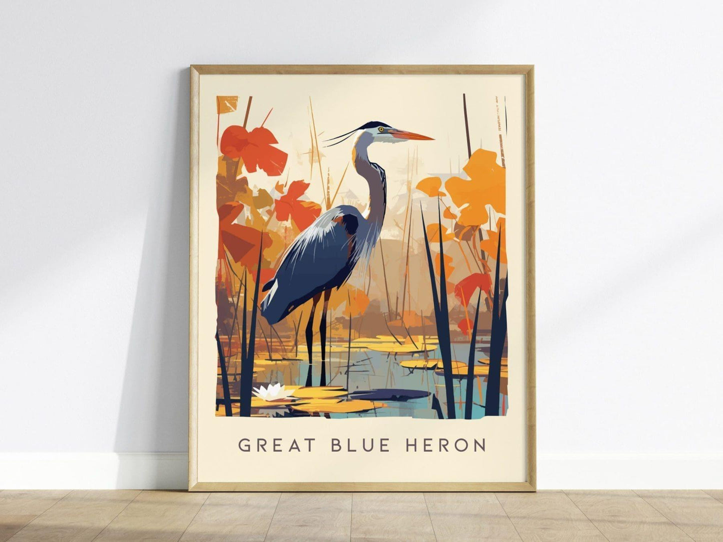 Great Blue Heron, Florida Birds Wildlife Framed Wall Art - Egret Bird Poster Design Travel Print Lake Home Beach Cottage Birder Decor Set - Swell Scenes