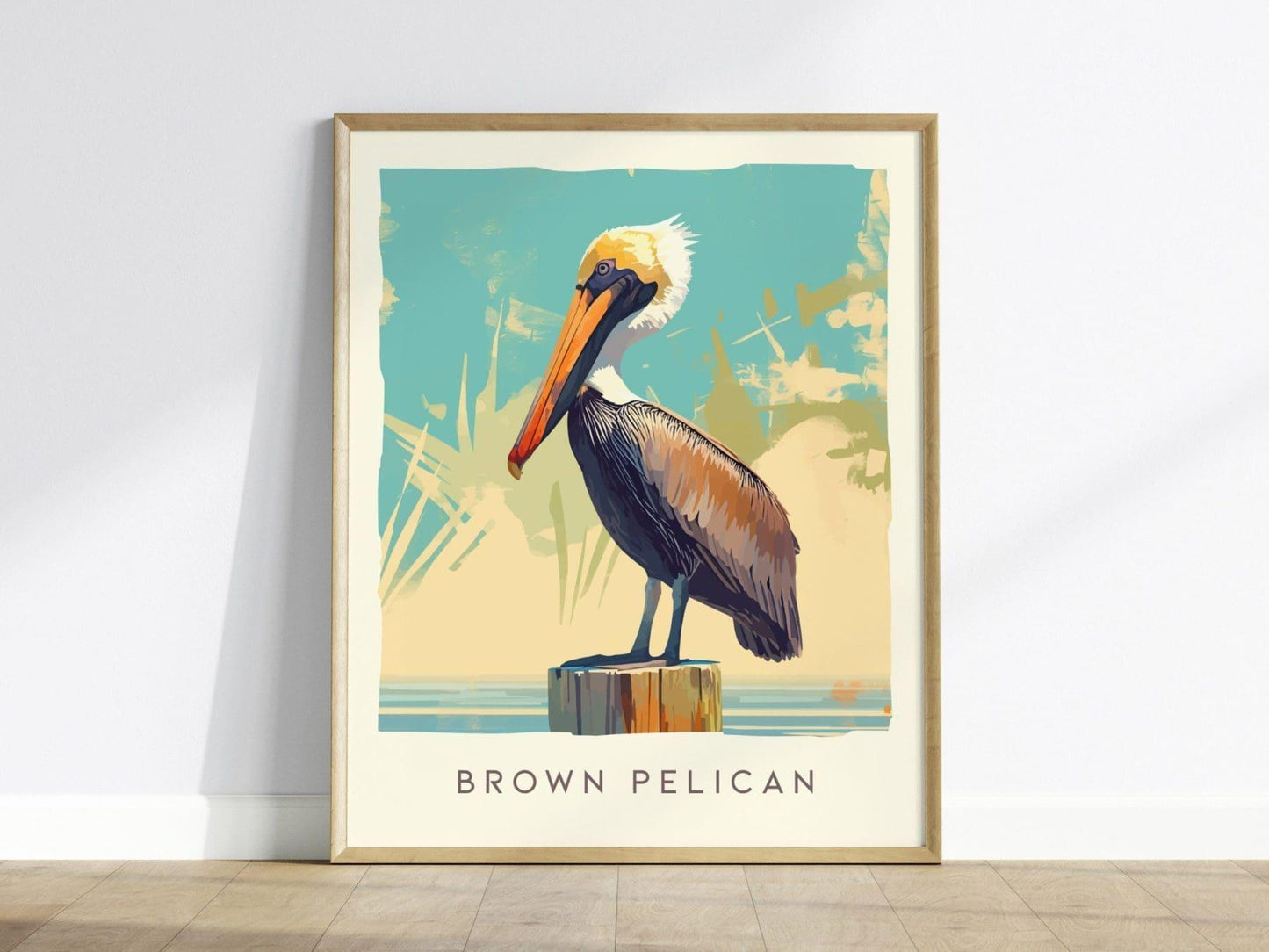 Brown Pelican, Florida Birds Wildlife Framed Wall Art - Tropical Ocean Bird Poster Design Travel Print Home Beach Cottage Fishing Decor Set - Swell Scenes