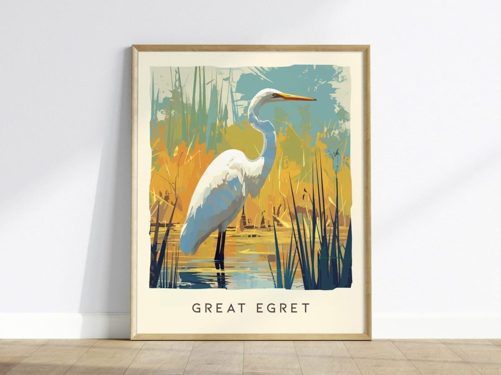 Great Egret, Florida Birds Wildlife Framed Wall Art - Native Bird Nature Poster Design Travel Print Lake Home Beach Cottage Birder Decor Set - Swell Scenes