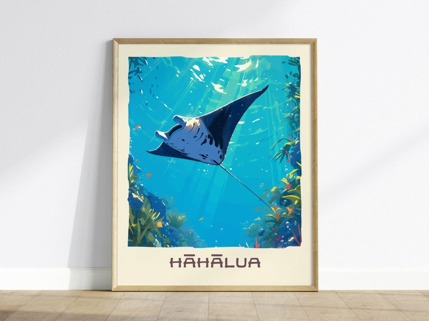 Hahalua, Hawaiian Manta Ray Framed Wall Art | Hawaii Wildlife Poster Design Print Maui Oahu Kauai Big Island Home Decor Vacation Diver Gift - Swell Scenes