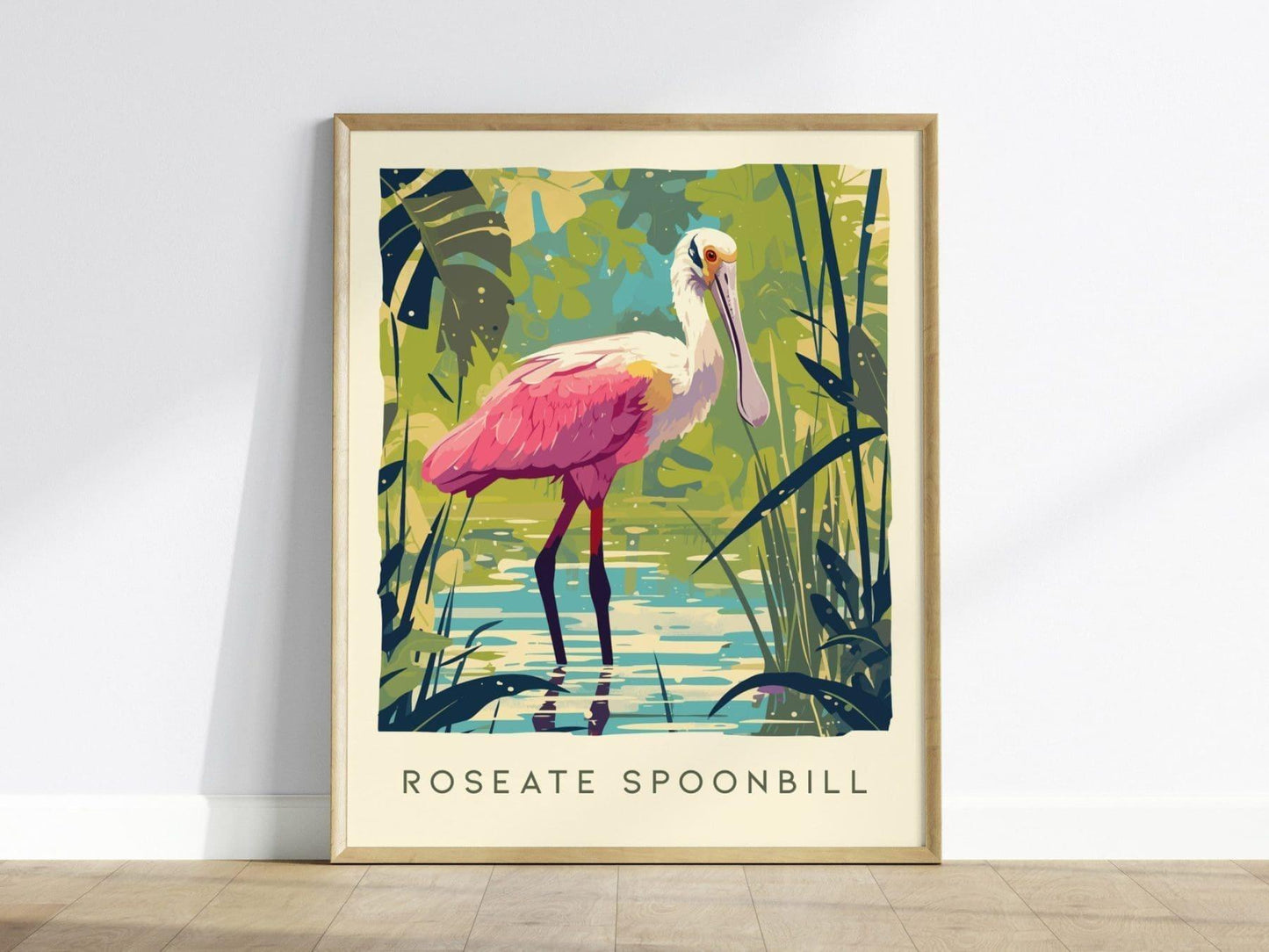 Roseate Spoonbill, Florida Birds Wildlife Framed Wall Art - Flamingo Tropical Bird Poster Design Travel Print Home Beach Cottage Decor Set - Swell Scenes