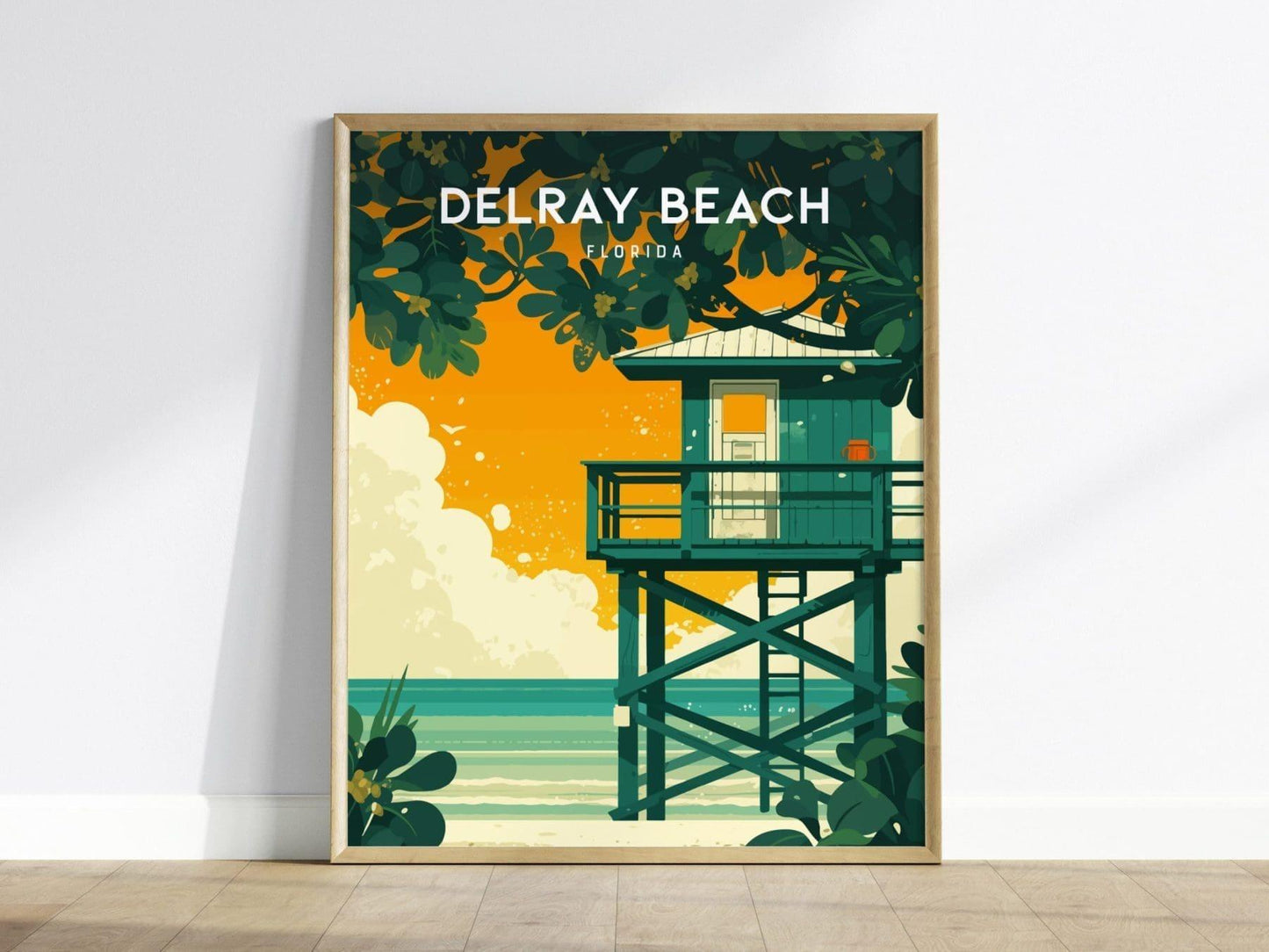Delray Beach, Florida Framed Wall Art - Boca Raton Palm Beach House Minimal Poster Design Travel Print Tropical Palm Tree Home Decor Set - Swell Scenes