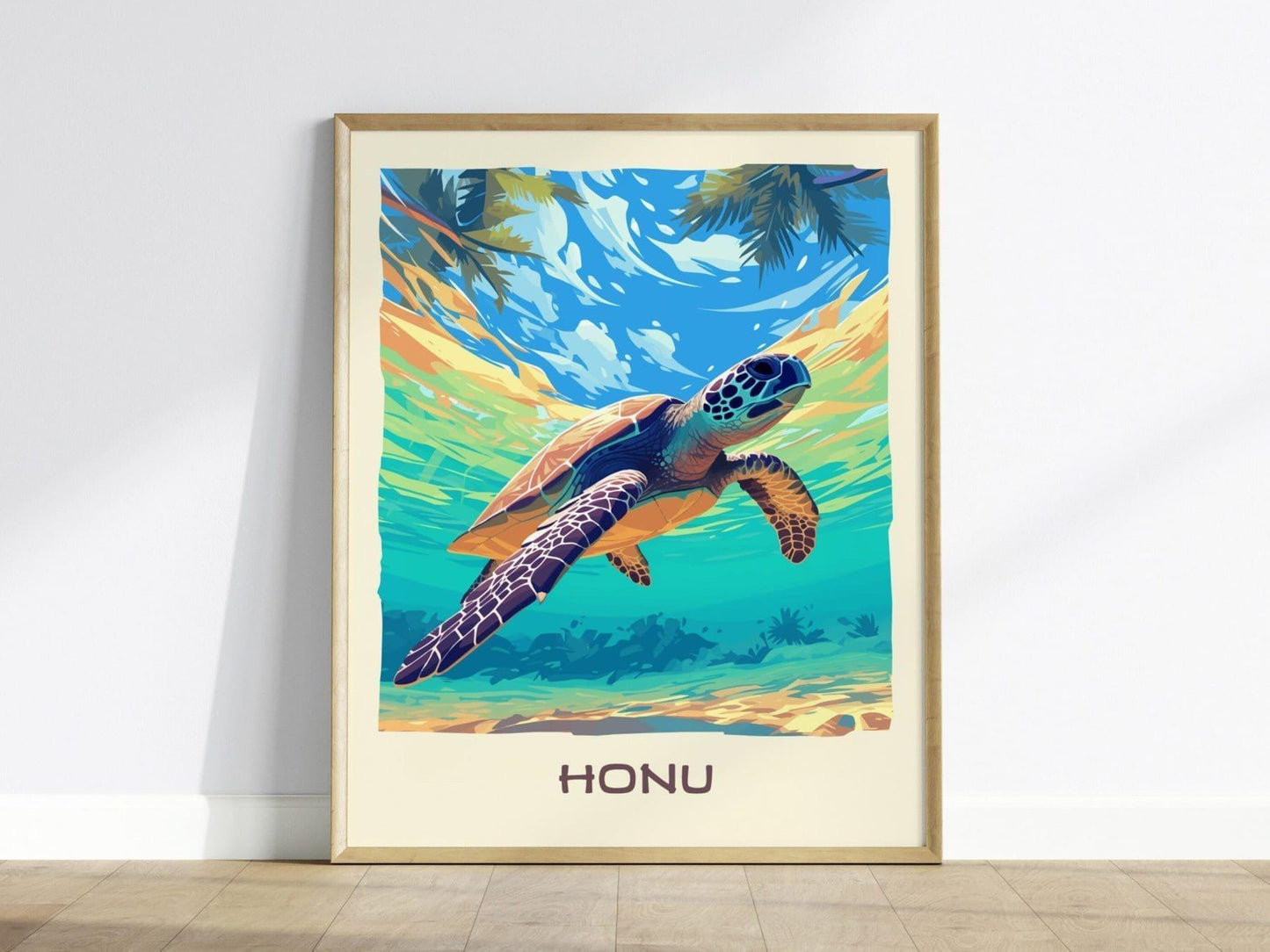 Honu, Hawaiian Green Sea Turtle Framed Wall Art | Hawaii Wildlife Poster Design Print Maui Oahu Kauai Big Island Home Decor Vacation Gift - Swell Scenes