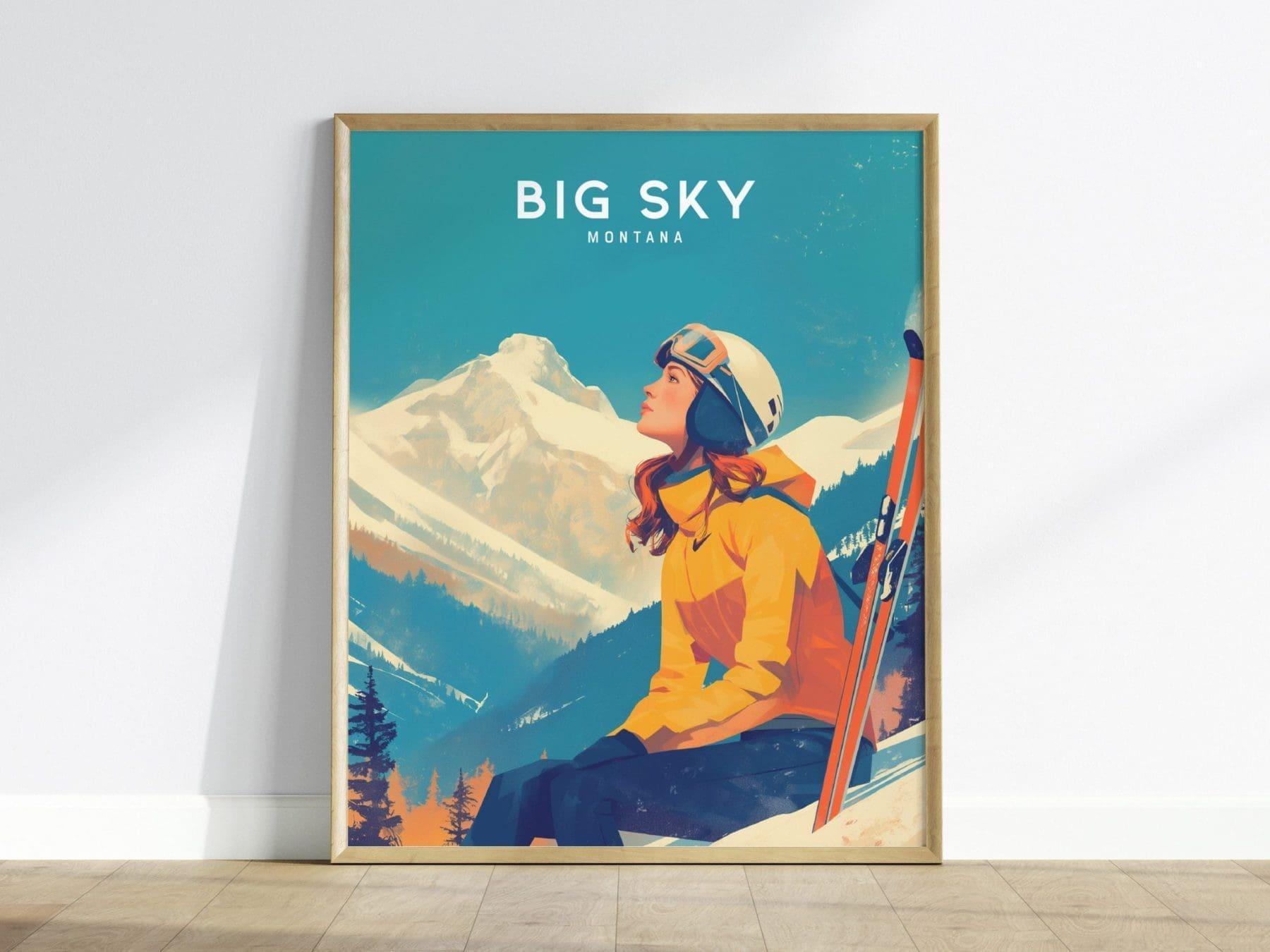 Big Sky, Montana Framed Wall Art | Lone Peak Mountain Ski Resort Skiing Snowboard Poster Design Print Travel Artwork Summit Gift Decor - Swell Scenes