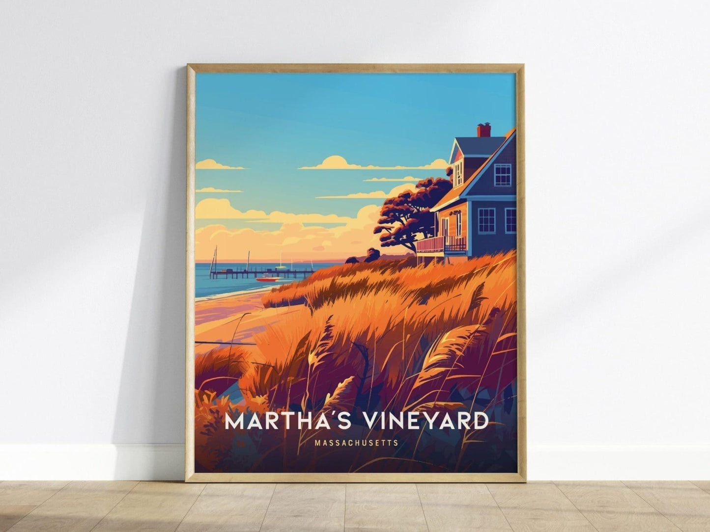 Martha's Vineyard Framed Travel Poster, Martha's Vineyard Massachusetts Wall Art, New England Massachusetts Poster, Coastal Airbnb Decor - Swell Scenes