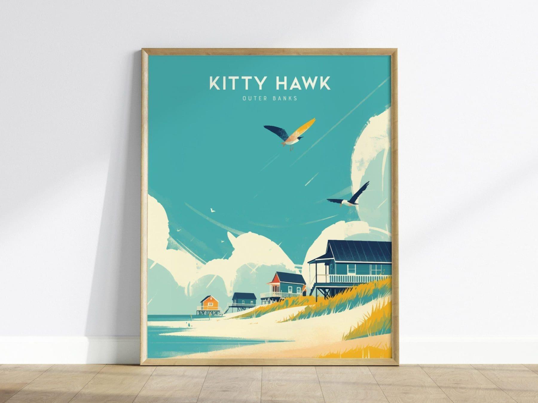 Kitty Hawk Outer Banks Framed Travel Poster, Kitty Hawk Beach Wall Art, OBX North Carolina Kitty Hawk Poster, Atlantic Coastal Home Decor - Swell Scenes