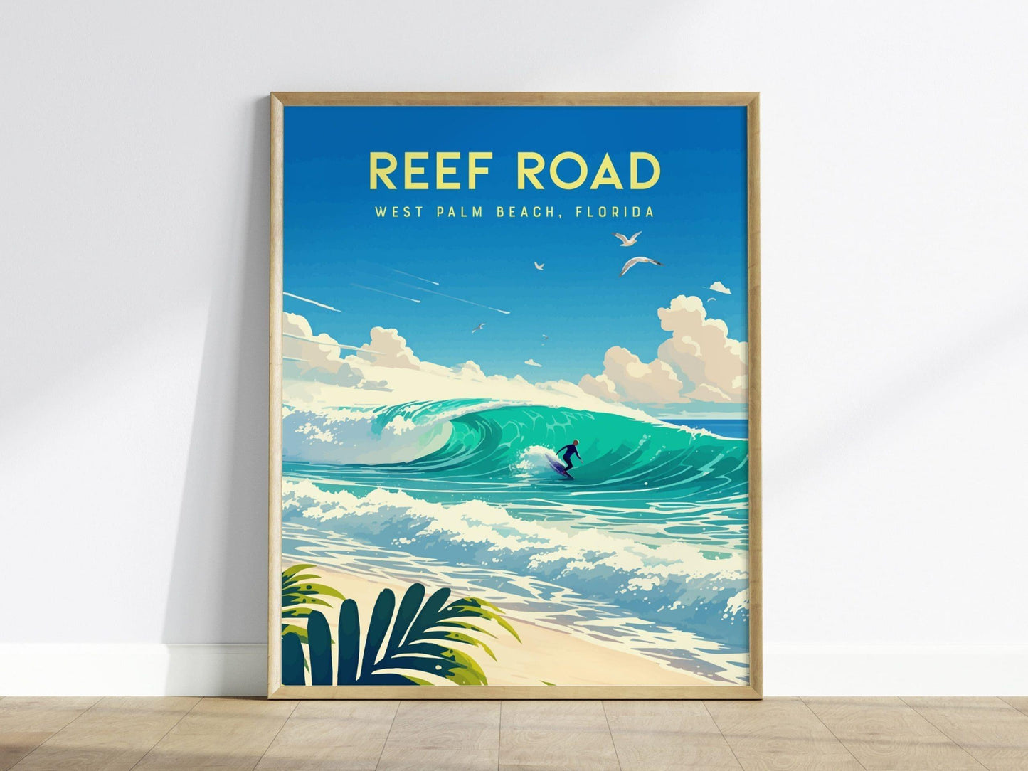 Reef Road, West Palm Beach, Florida Framed Wall Art - Surfing Wave Beach House Barrel Surf Poster Travel Print Surfer Gift Home Decor Set - Swell Scenes