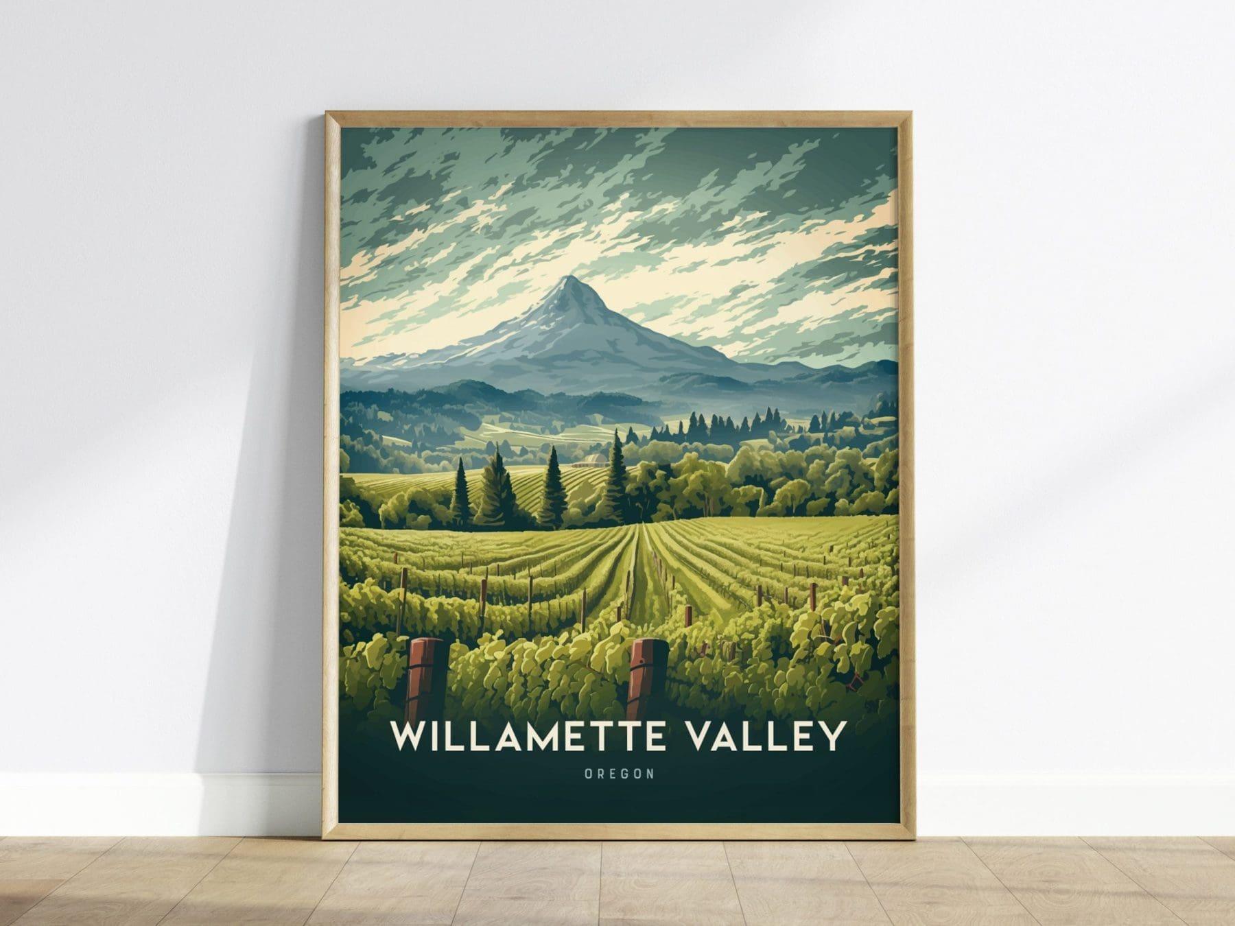 Willamette Valley Pinot Noir poster in white frame featuring Oregon wine country rolling hills and grape vineyards