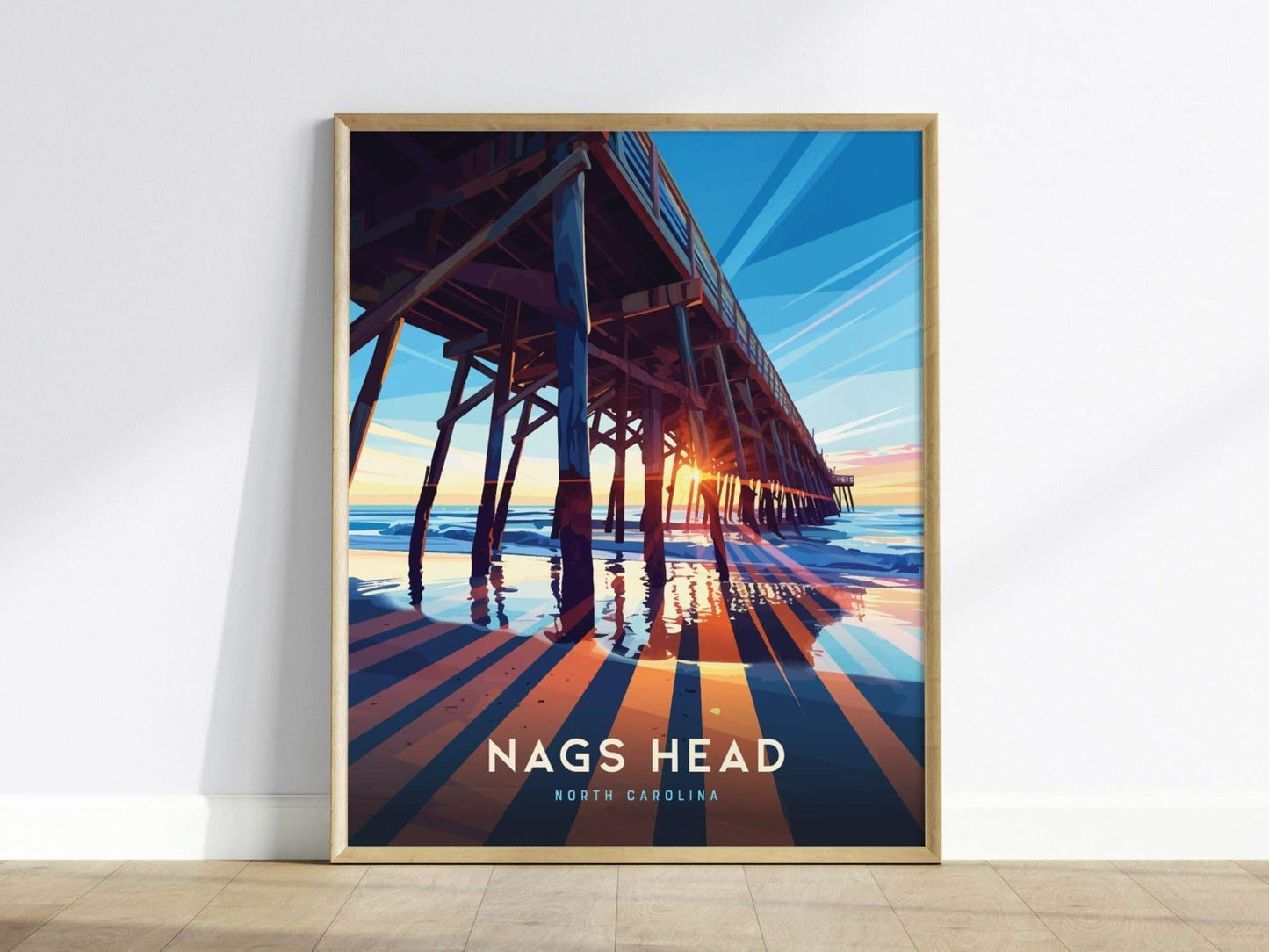 Nags Head Outer Banks Surfer Pier Framed Wall Art, North Carolina Beach Poster Design, OBX Surfing Unframed Print, Nags Head Home Decor Art - Swell Scenes