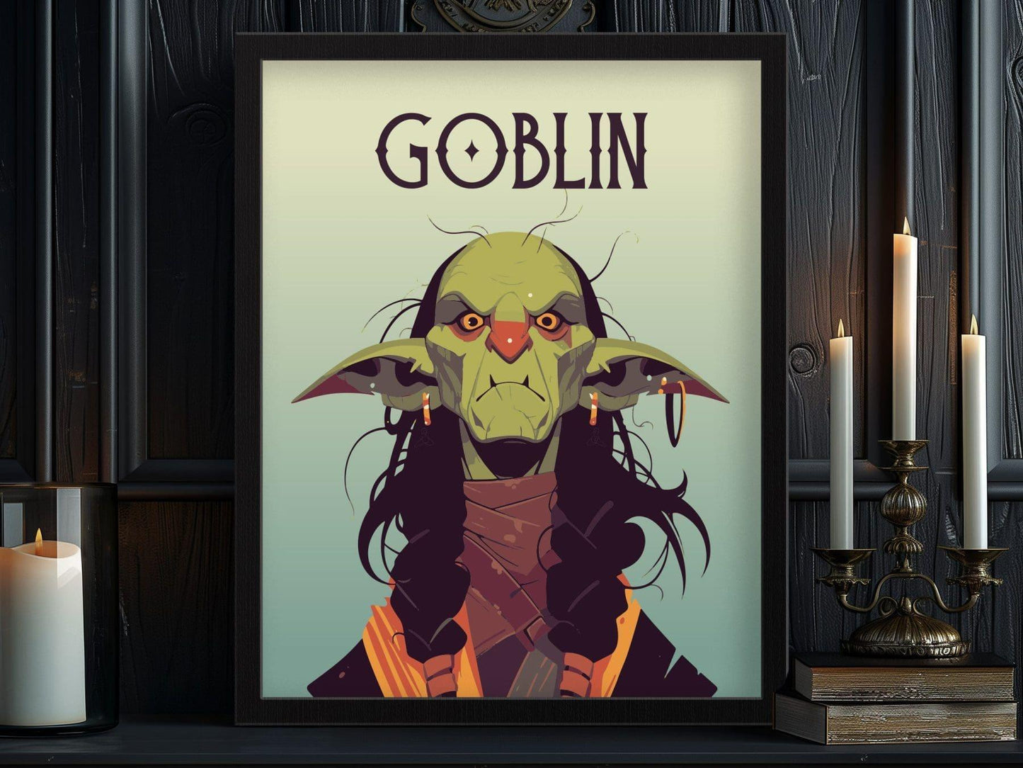 Goblin Fantasy Character Portrait Framed Wall Art, LOTR D&D WoW RPG Fan Gift, Game Room Decor, Mythical Folklore Dark Academia Gamer Poster - Swell Scenes
