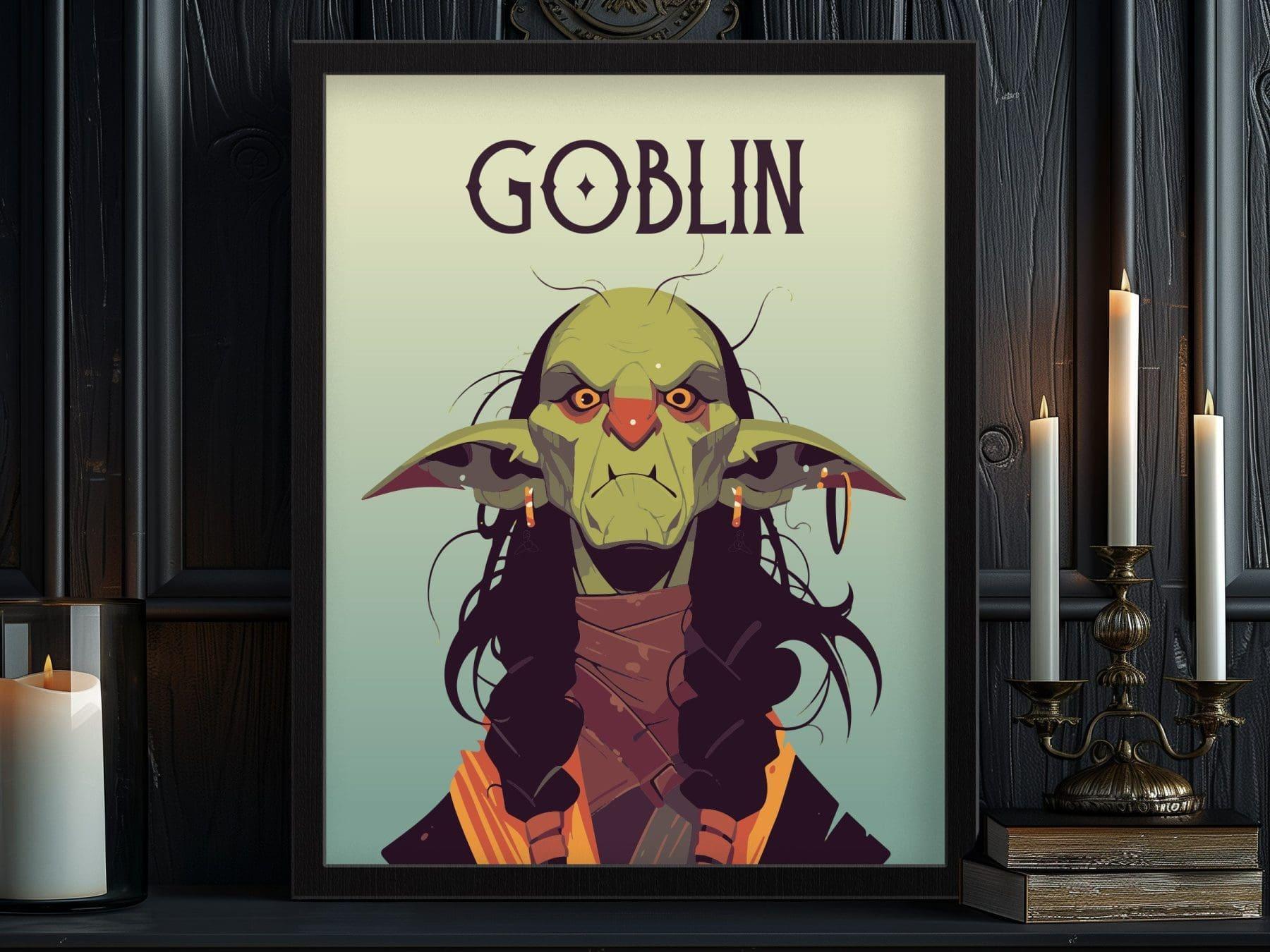Goblin Fantasy Character Portrait Framed Wall Art, LOTR D&D WoW RPG Fan Gift, Game Room Decor, Mythical Folklore Dark Academia Gamer Poster - Swell Scenes