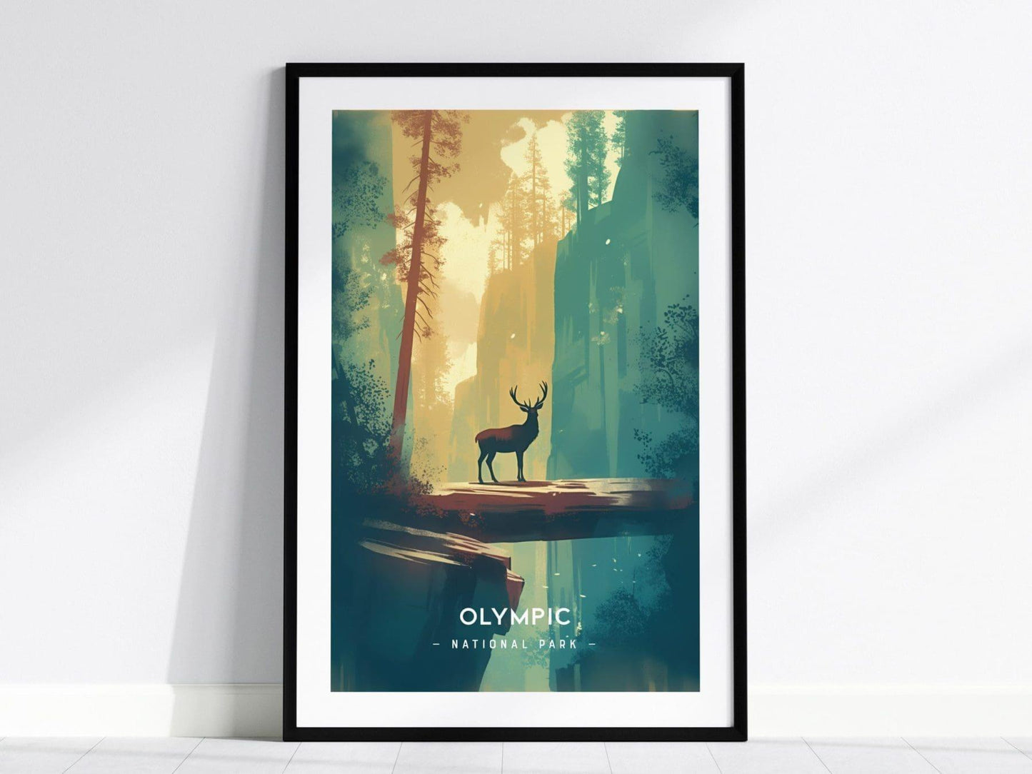 Olympic National Park Minimalist Series Framed Wall Art, Washington Hoh Forest Vintage Poster Minimal Home Decor Elk Nature Hiker Gift Set - Swell Scenes