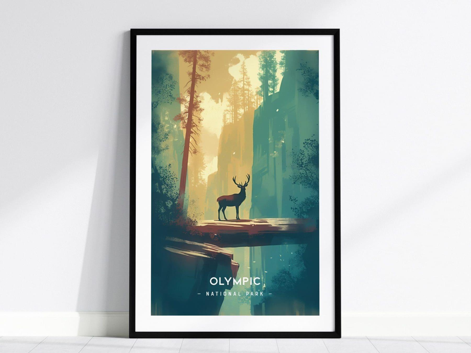 Olympic National Park Minimalist Series Framed Wall Art, Washington Hoh Forest Vintage Poster Minimal Home Decor Elk Nature Hiker Gift Set - Swell Scenes
