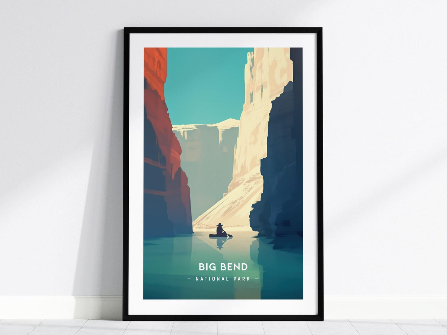 Big Bend National Park Minimalist Series Framed Wall Art, Texas Rio Grande Vintage Poster Design Minimal Home Decor River Kayaker Gift Set - Swell Scenes