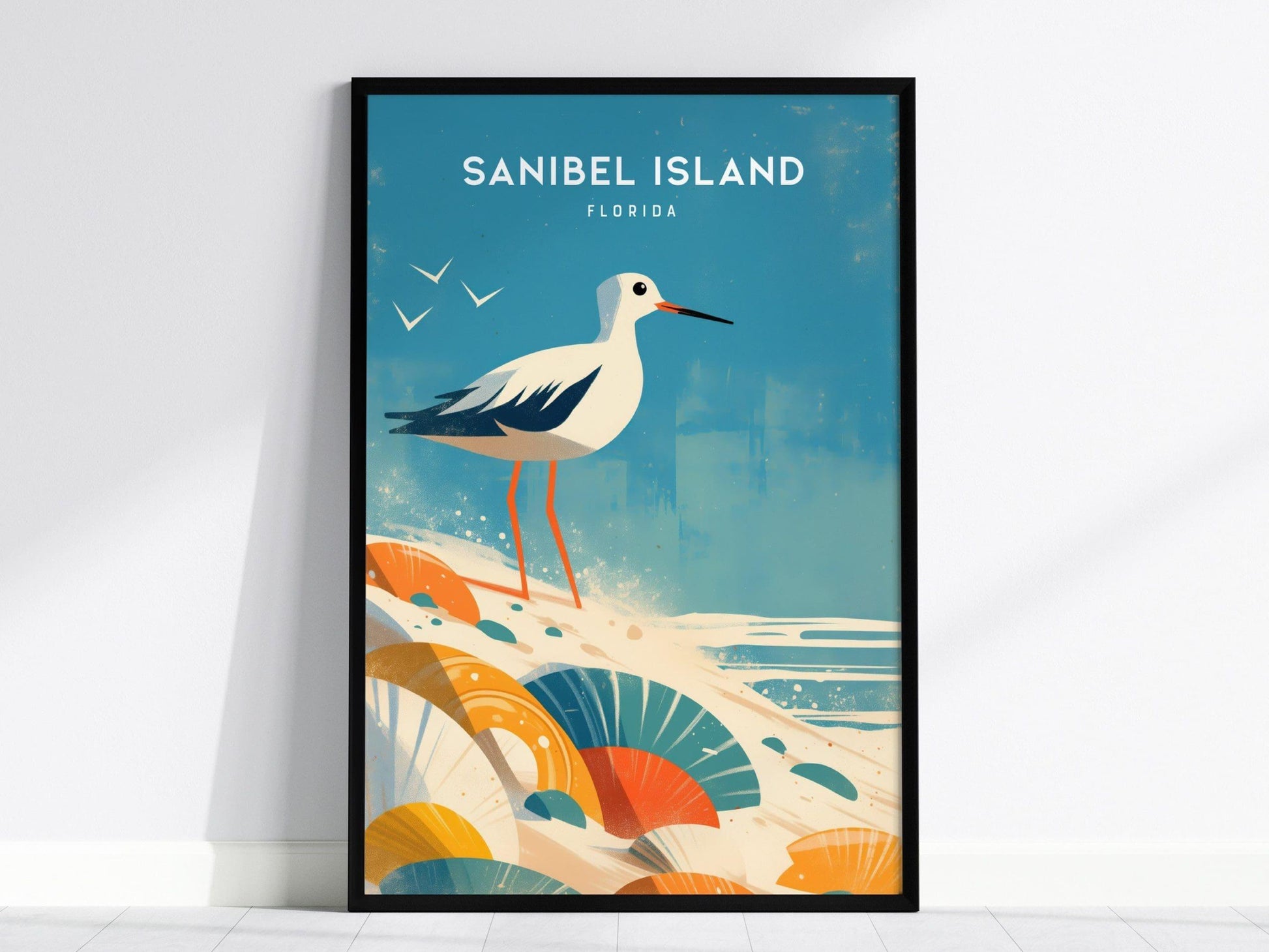 Sanibel Island, Florida Framed Wall Art - Sandpiper Gulf Coast Beach Shells Travel Poster Print Fort Myers Cottage Home Decor Artwork Gift - Swell Scenes