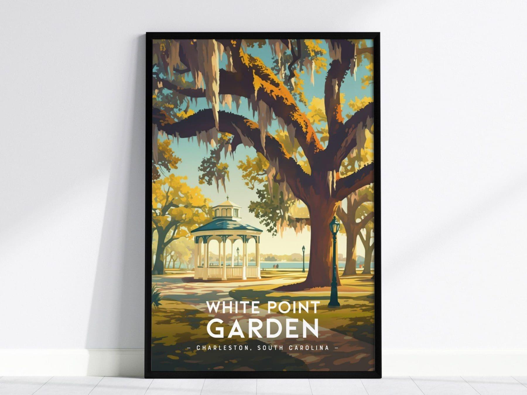 Charleston Battery White Point Garden poster alternative angle highlighting Spanish moss oak trees and historic gazebo detail