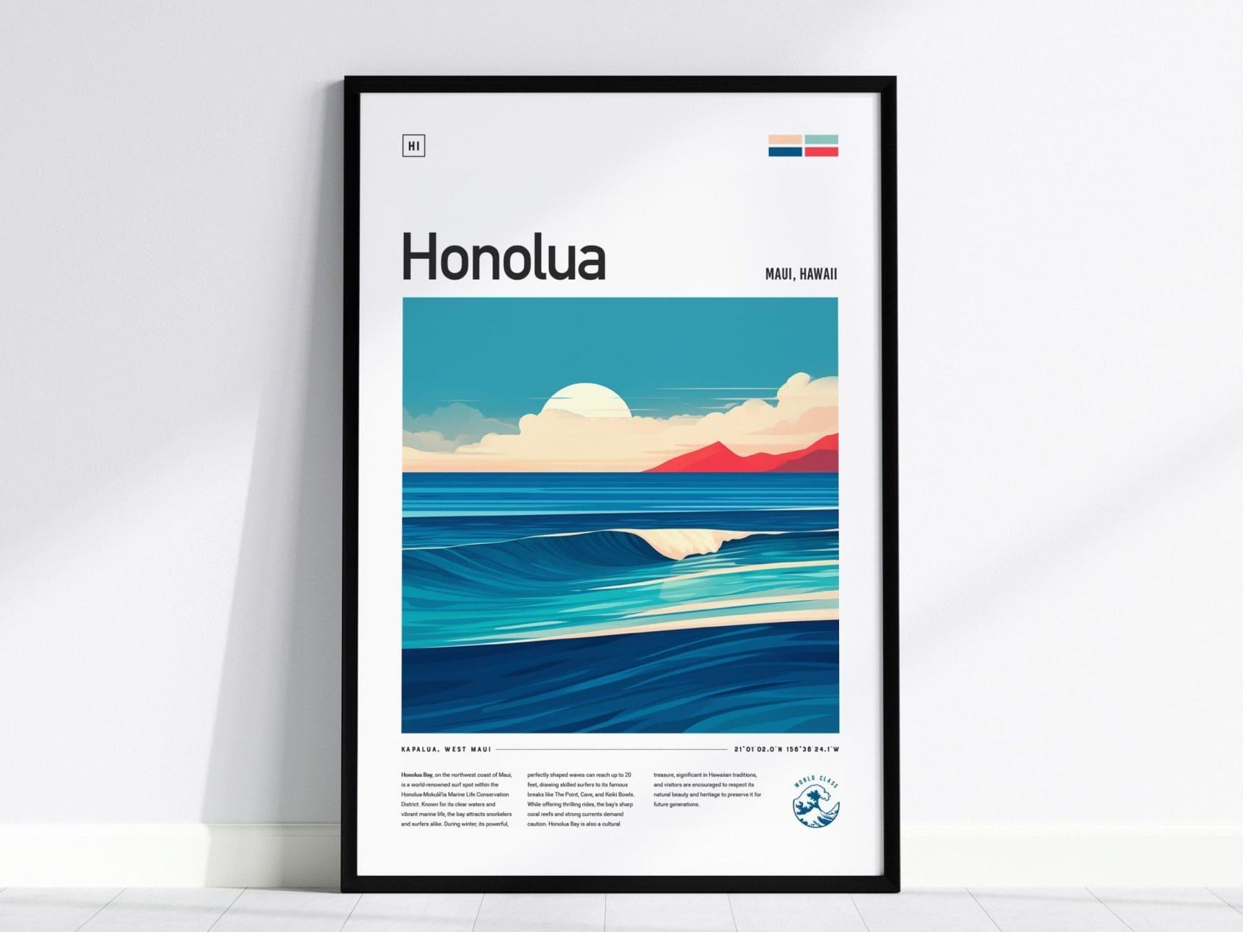 Honolua Framed Surf Poster, Honolua Bay Maui Wall Art, Lahaina Maui Travel Print, Hawaii Surfer Home Decor, Maui Surfing Wave Spot Gift Set - Swell Scenes