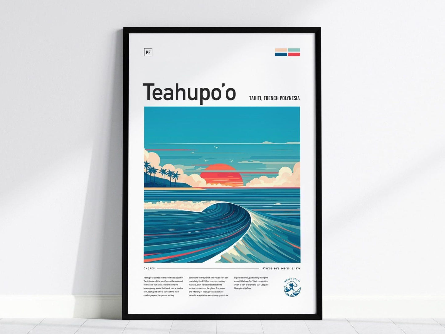 Teahupo'o surf spot poster featuring Tahiti legendary wave with tropical colors and barrel surfing wall art