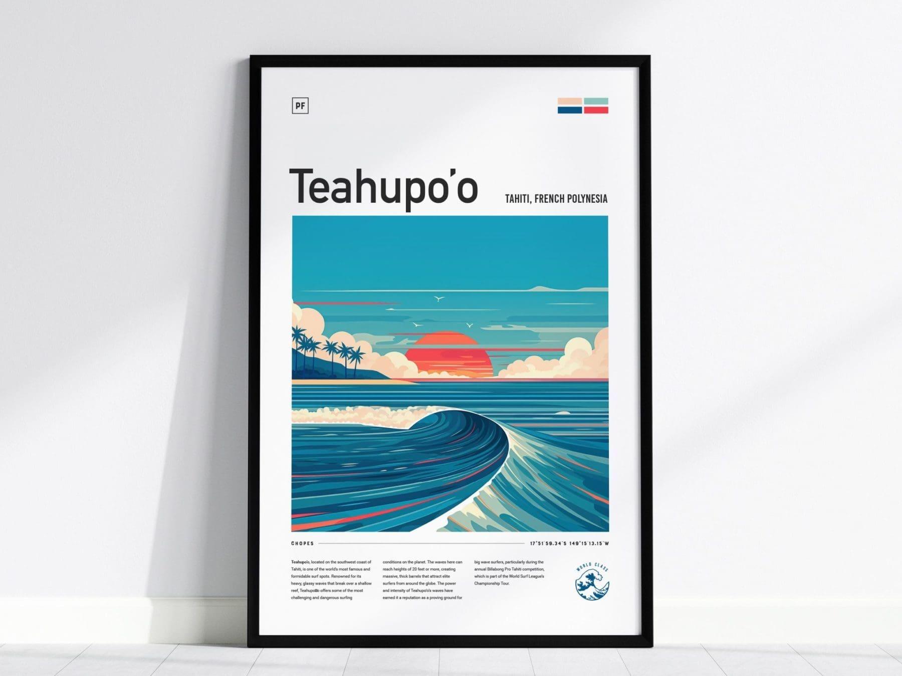 Teahupo'o surf spot poster featuring Tahiti legendary wave with tropical colors and barrel surfing wall art