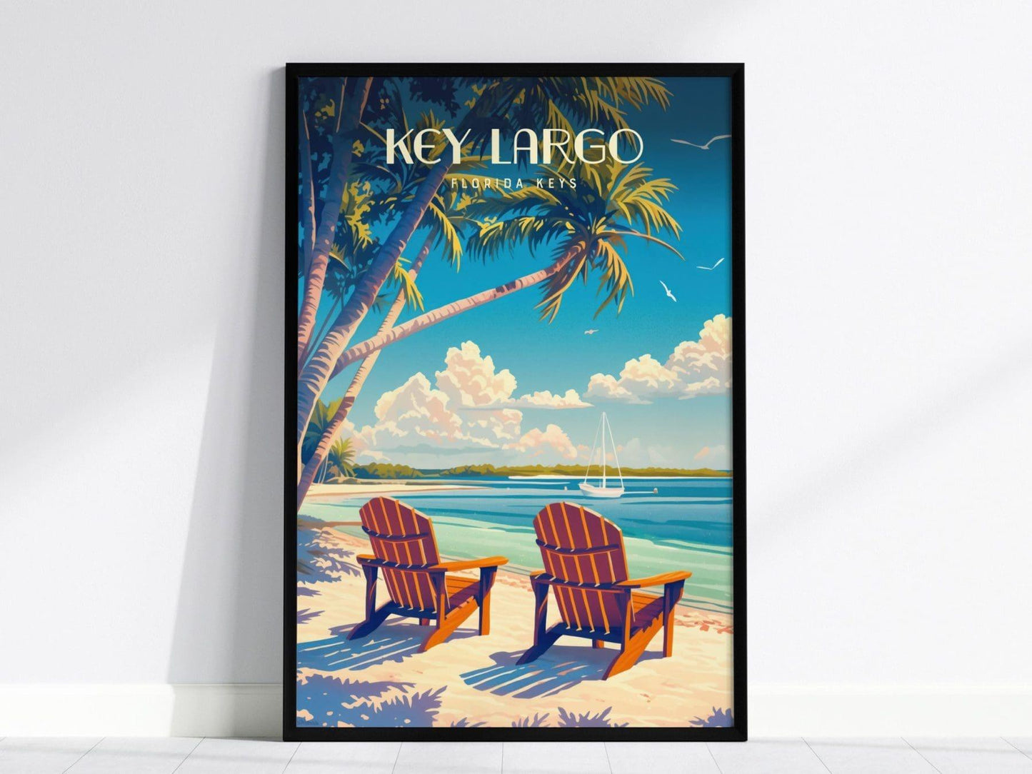 Key Largo, Florida Keys, Framed Wall Art - South FL Beach Travel Poster Print Tropical Island Vacation Home Decor Cottage Artwork Gift Set - Swell Scenes