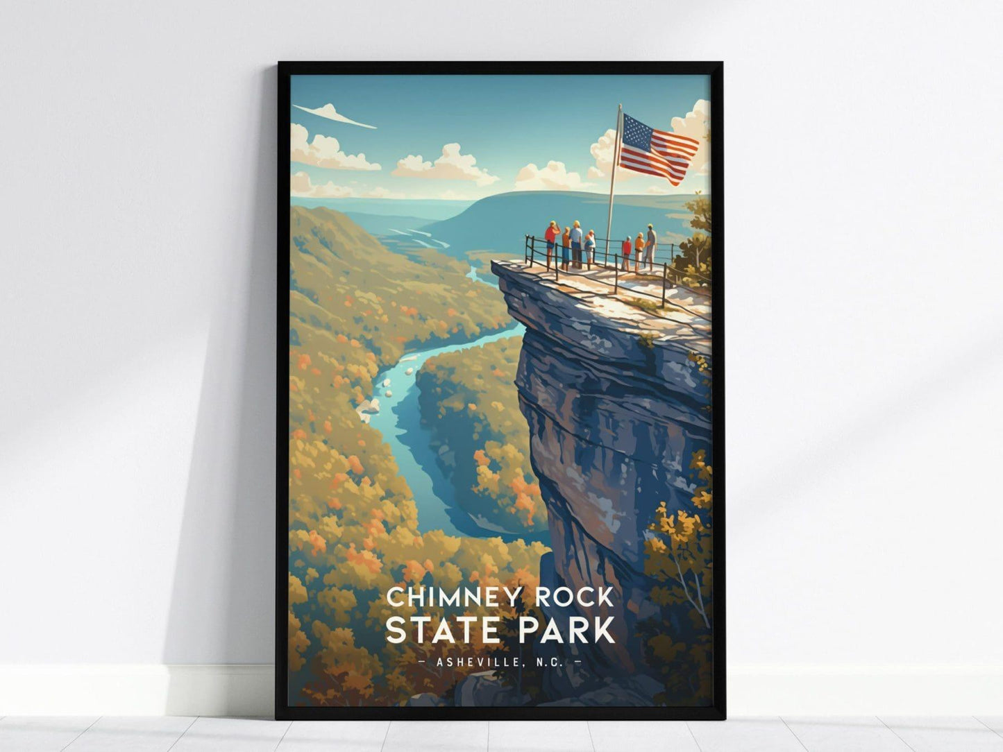 Chimney Rock State Park, Asheville, North Carolina, Framed Wall Art, NC Travel Poster Print Blue Ridge Vacation Cabin Decor Artwork Gift Set - Swell Scenes